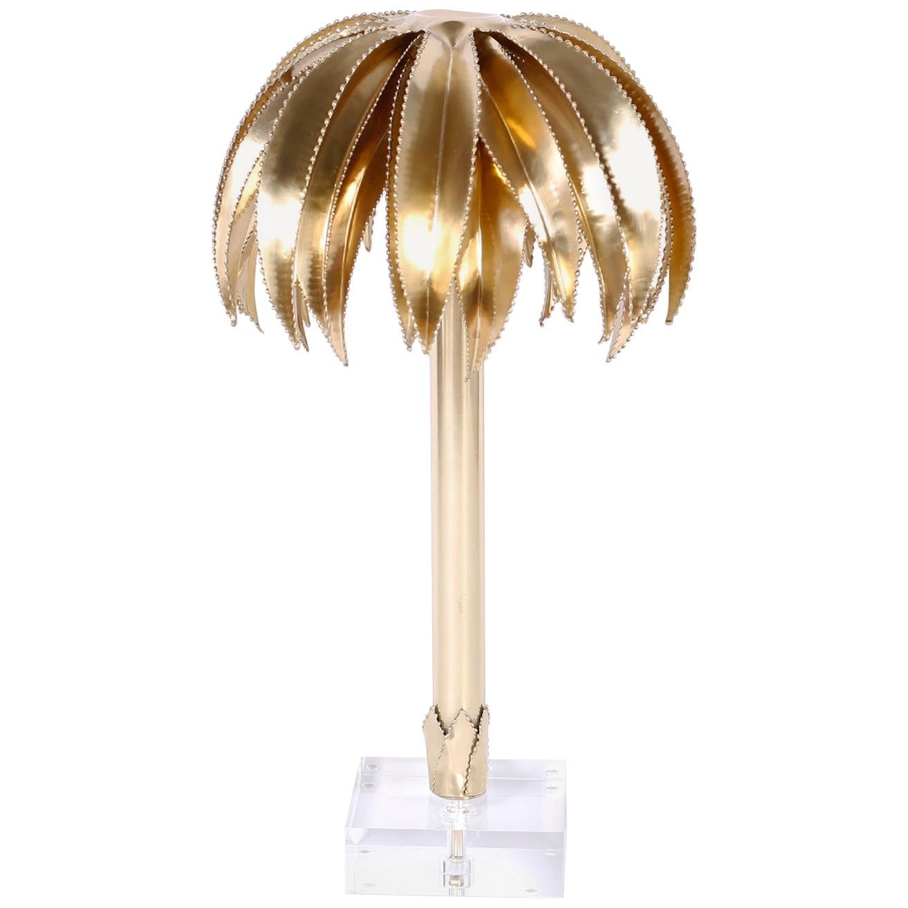 Brass Palm Tree Sculpture on Lucite For Sale