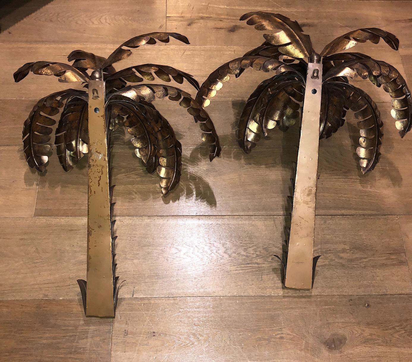Hand-Crafted Brass Palm Wall Sconces, circa 1970