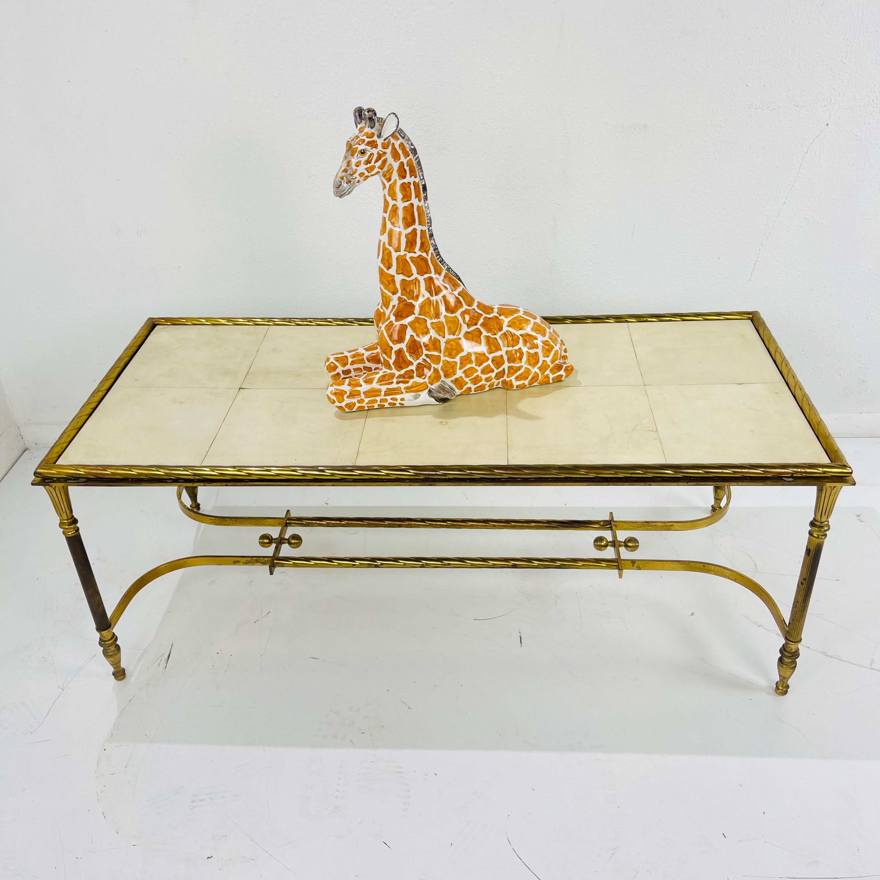 Mid-Century Modern Brass Parchment Top Cocktail Table For Sale
