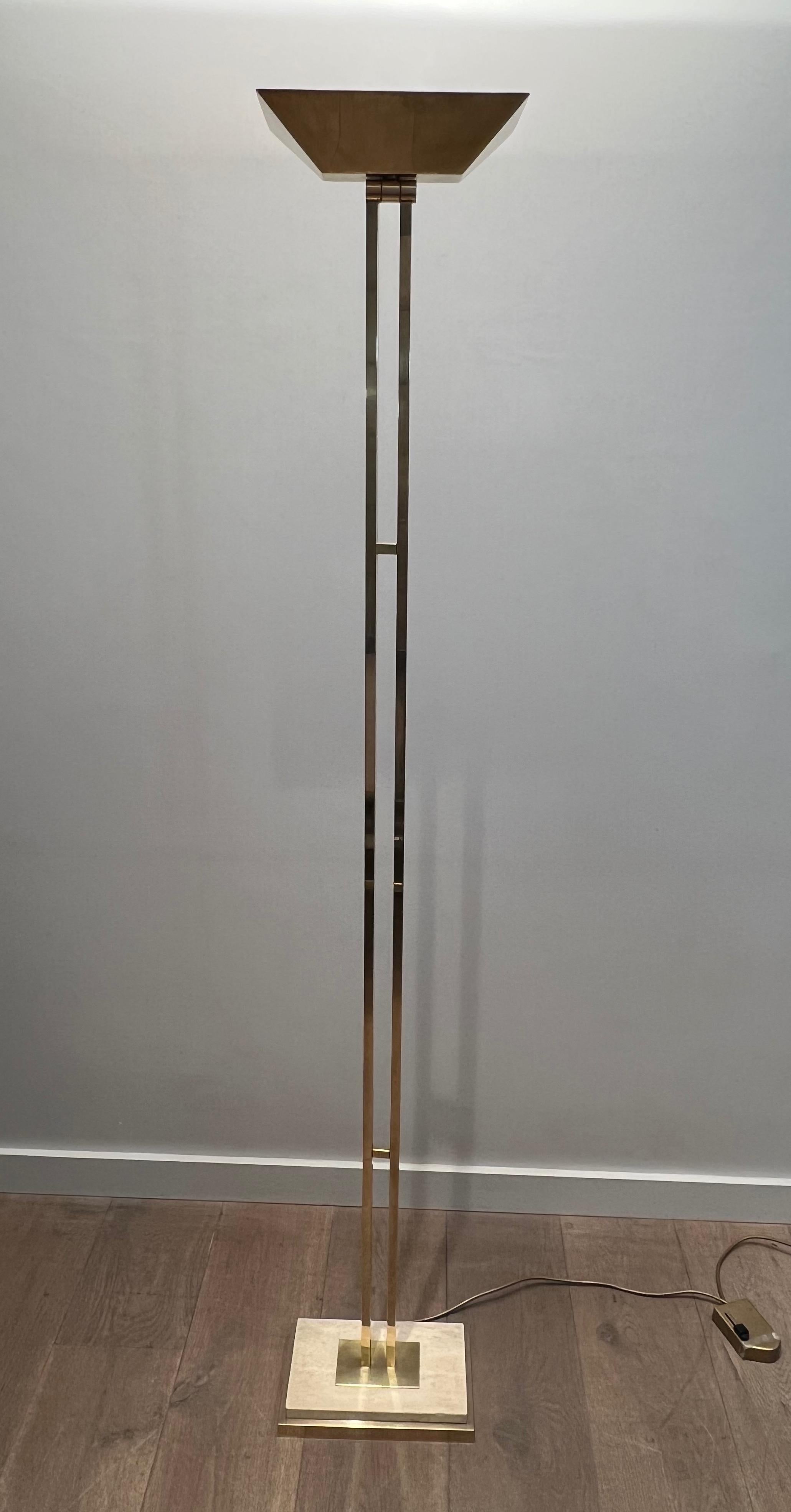 French Brass Parquet Floor Lamp on a Travertine Base For Sale