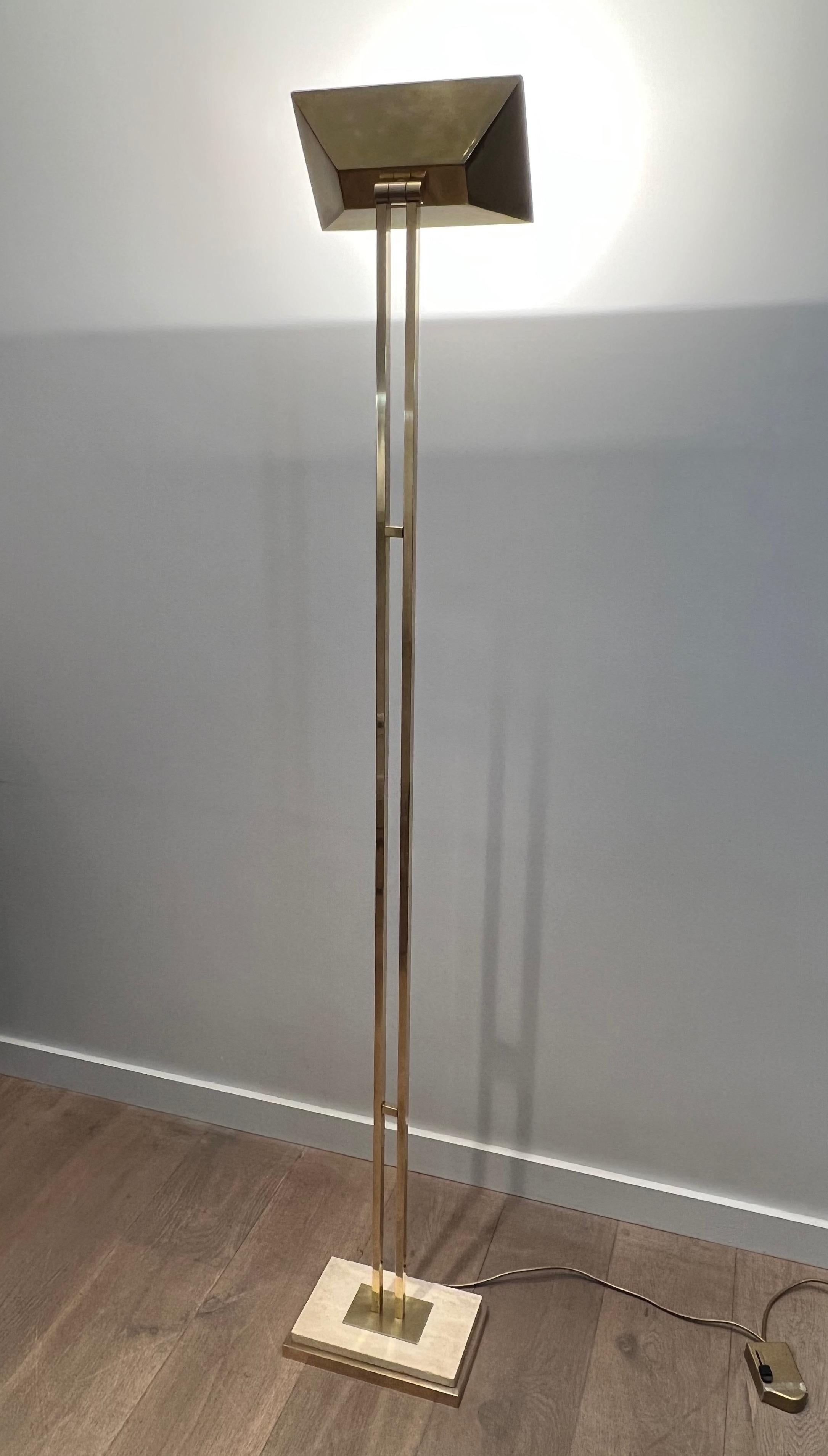 Late 20th Century Brass Parquet Floor Lamp on a Travertine Base For Sale