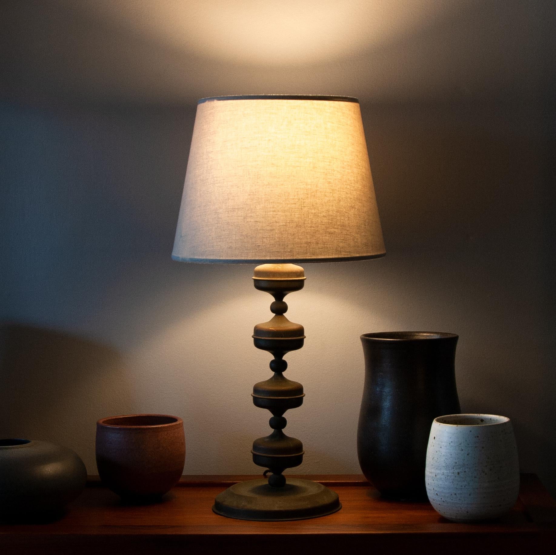 Brutalist Brass Patinated Bobbin Table Lamp