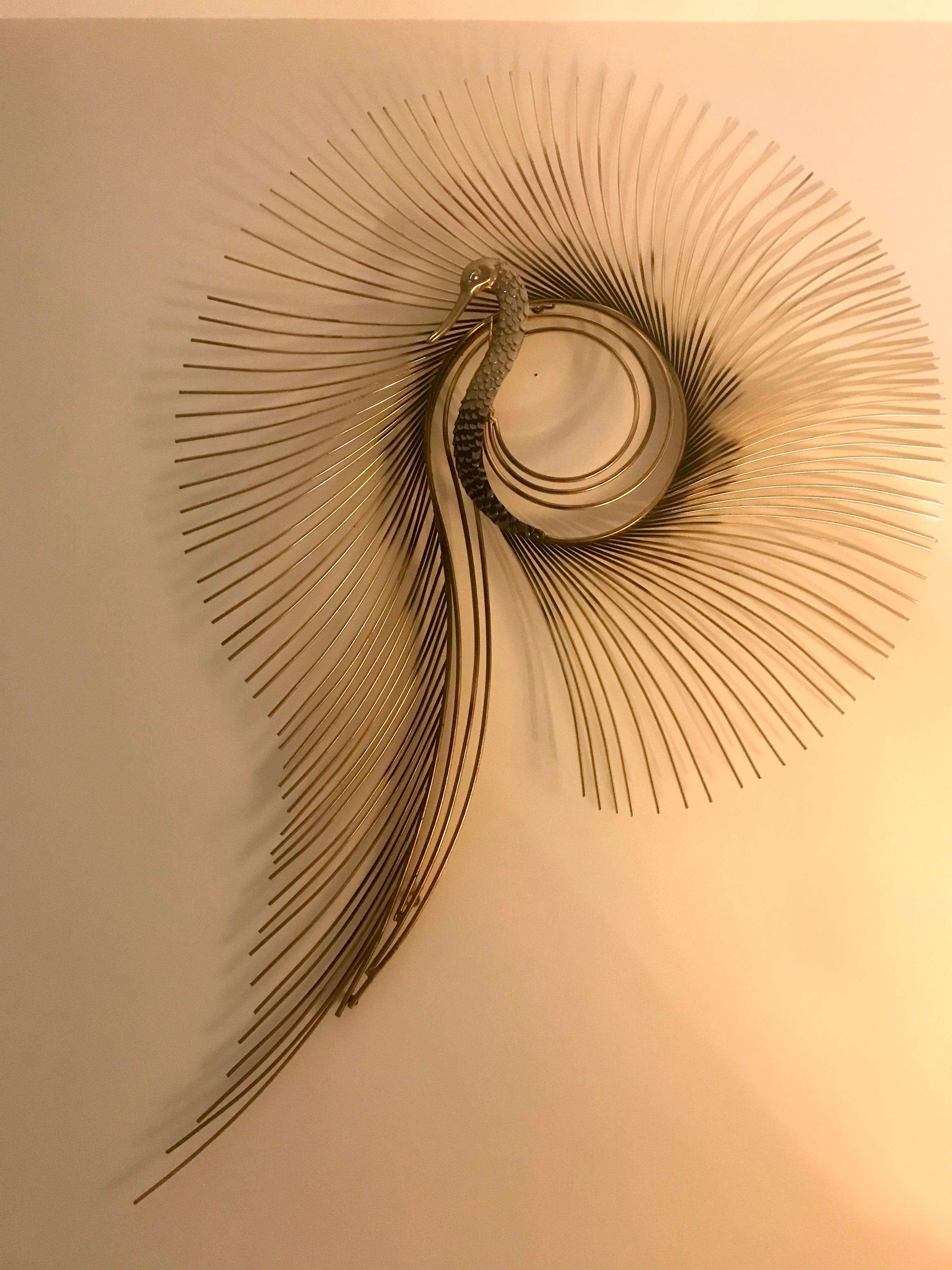 Brass Peacock Starburst Wall Sculpture Signed Curtis Jere In Good Condition In Miami, FL