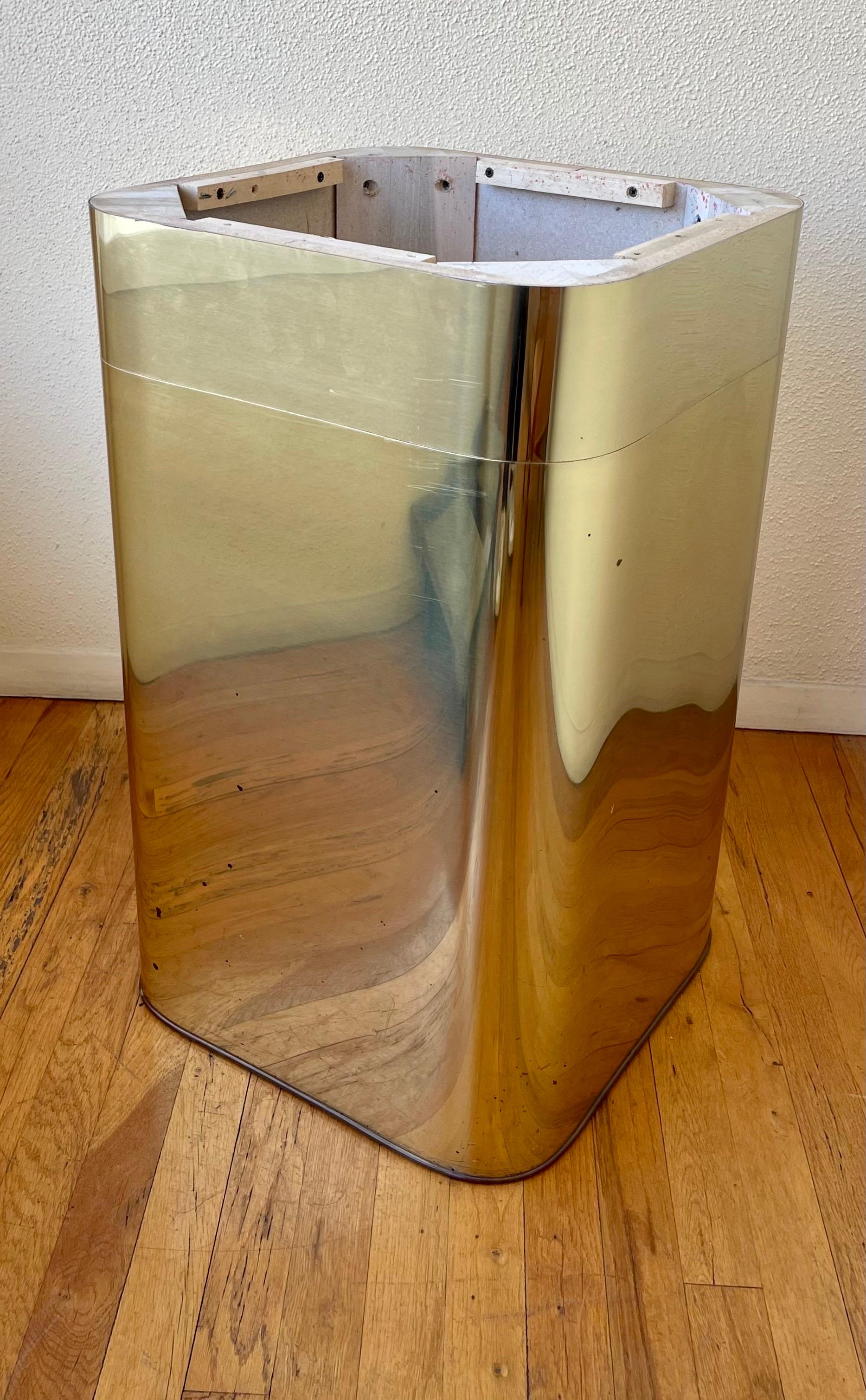Great square table base designed by Milo Baughman solid wood base with brass laminate wrapped with rounded corners, circa 1980's we removed the top you can easily replace it with a marble top round square rectangle, etc, it can be a console table