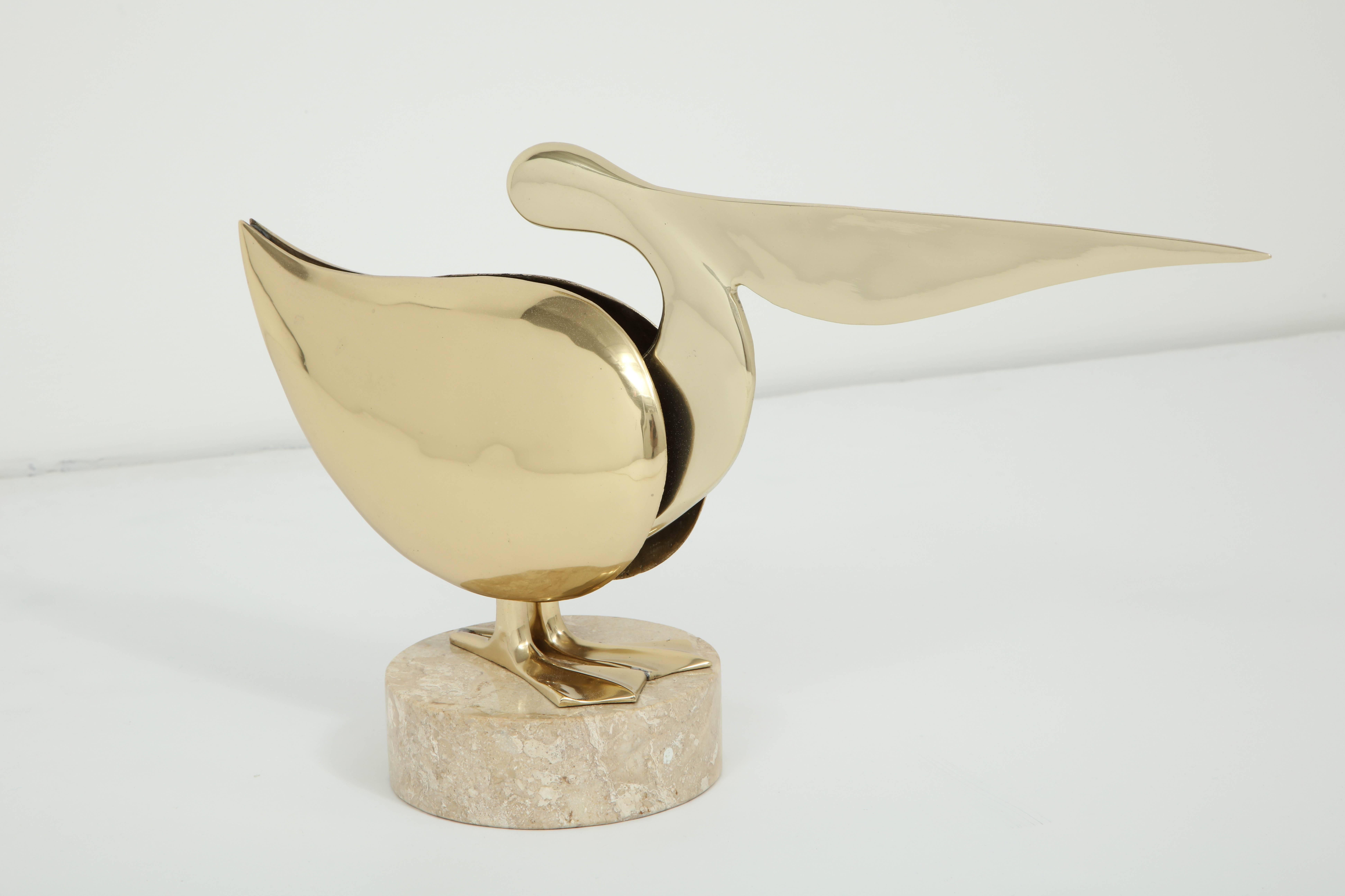Mid-Century Modern Sculpture, Brass Pelican with Marble Base, circa 1950, in Stock