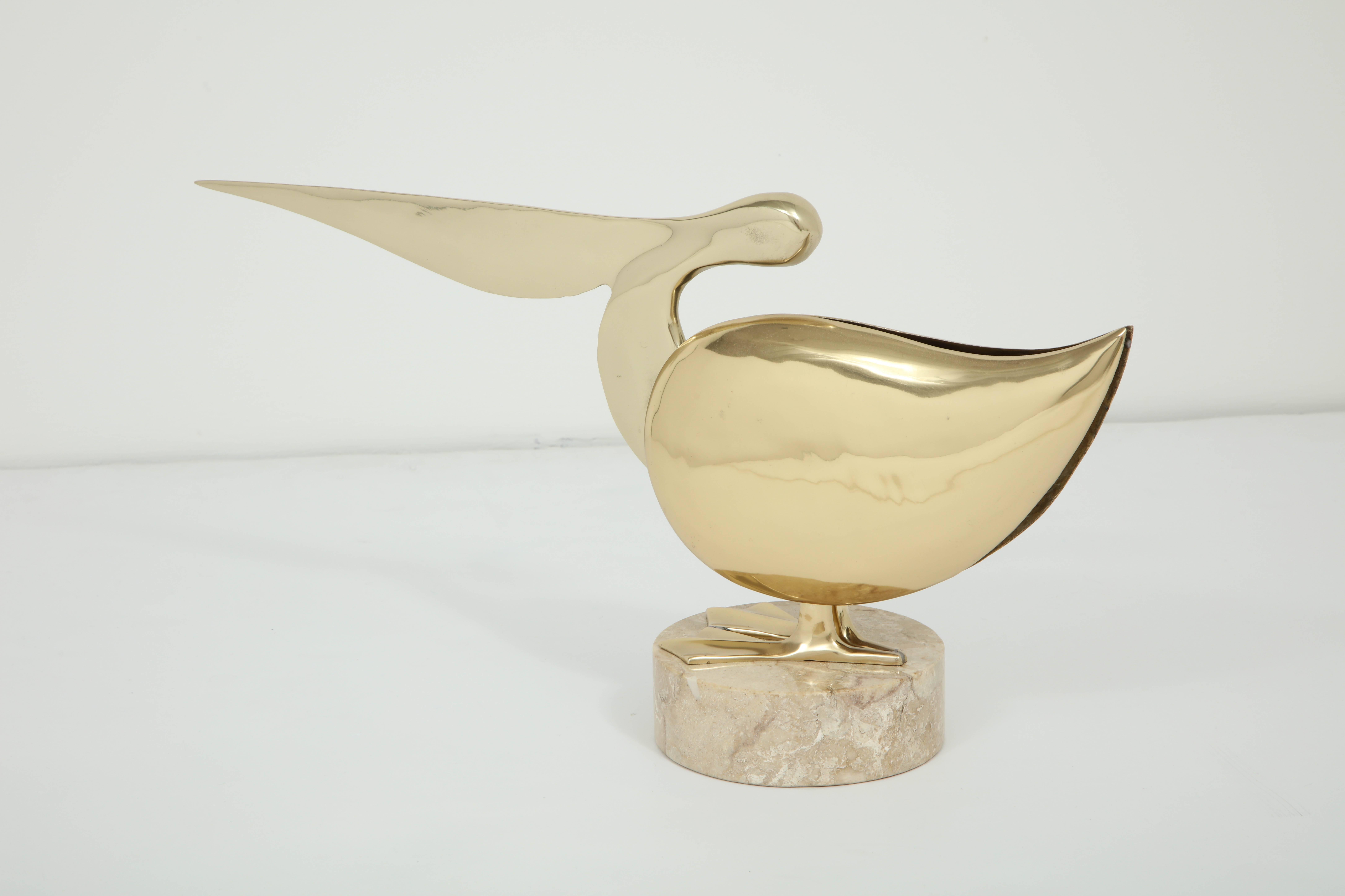 Mid-20th Century Sculpture, Brass Pelican with Marble Base, circa 1950, in Stock