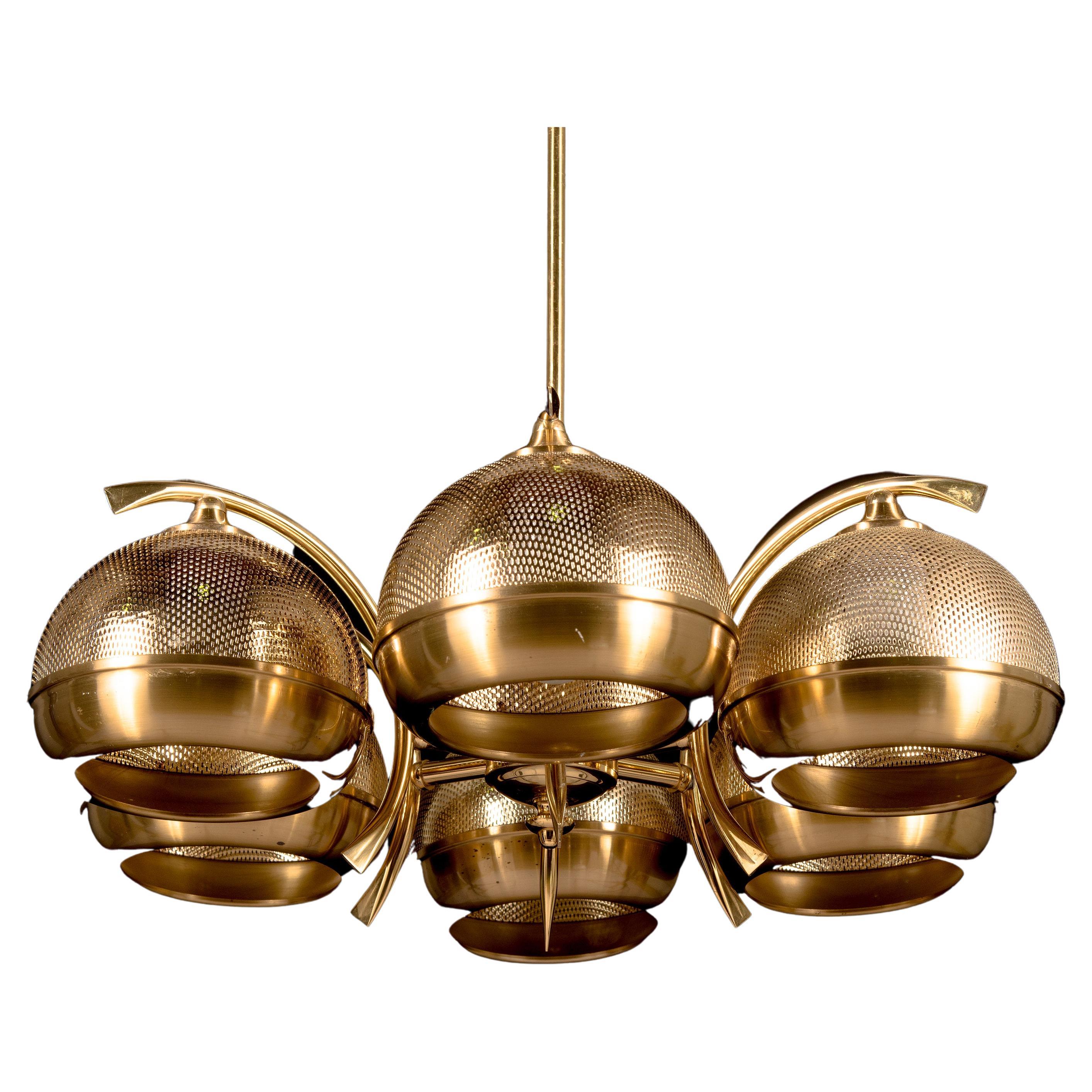 Brass Pendant Chandelier 6 Arms, Sweden, 1970s For Sale