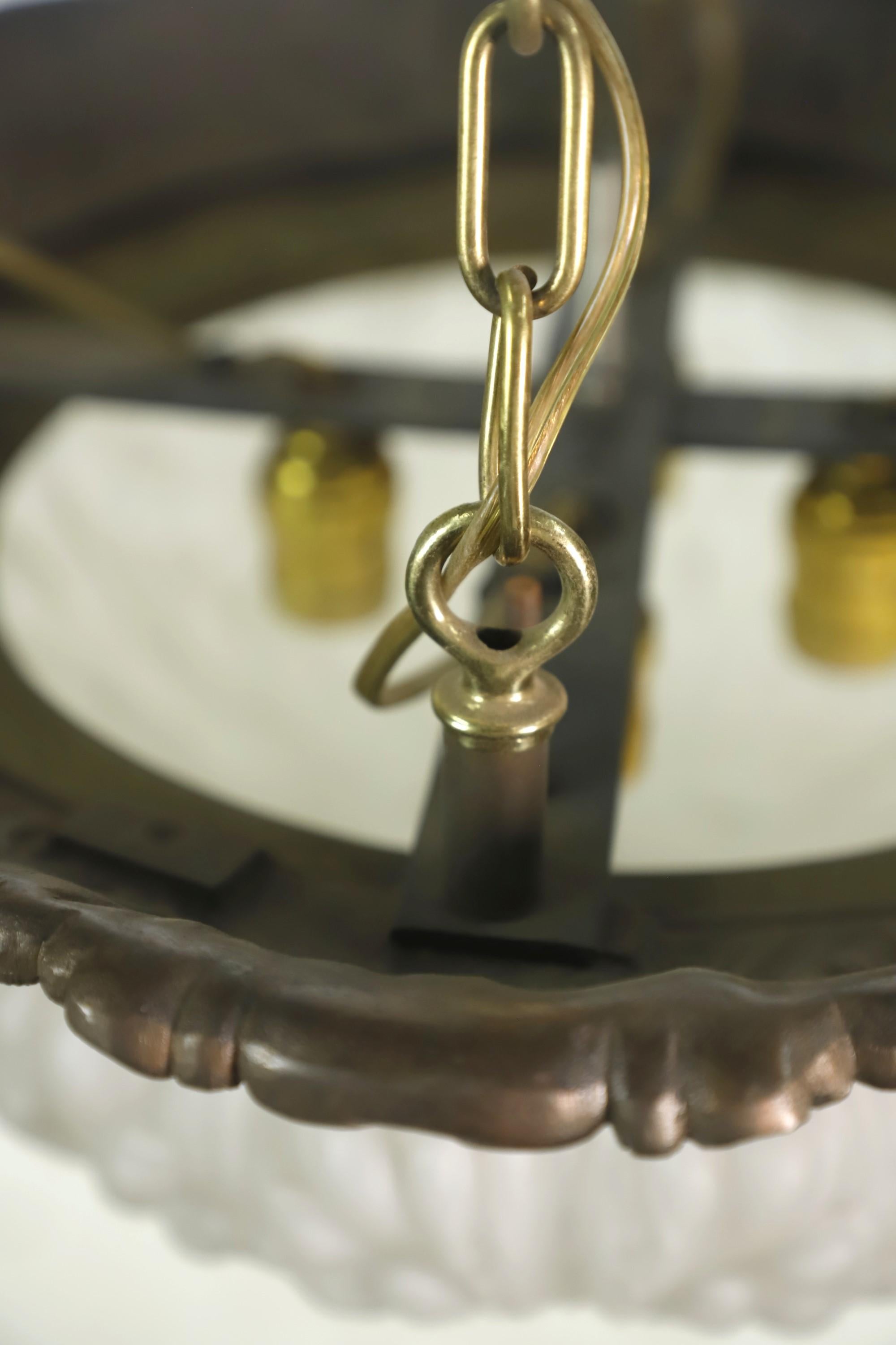 Brass Pendant Light Cast Milk Glass Dish Shade Chain + Canopy 7