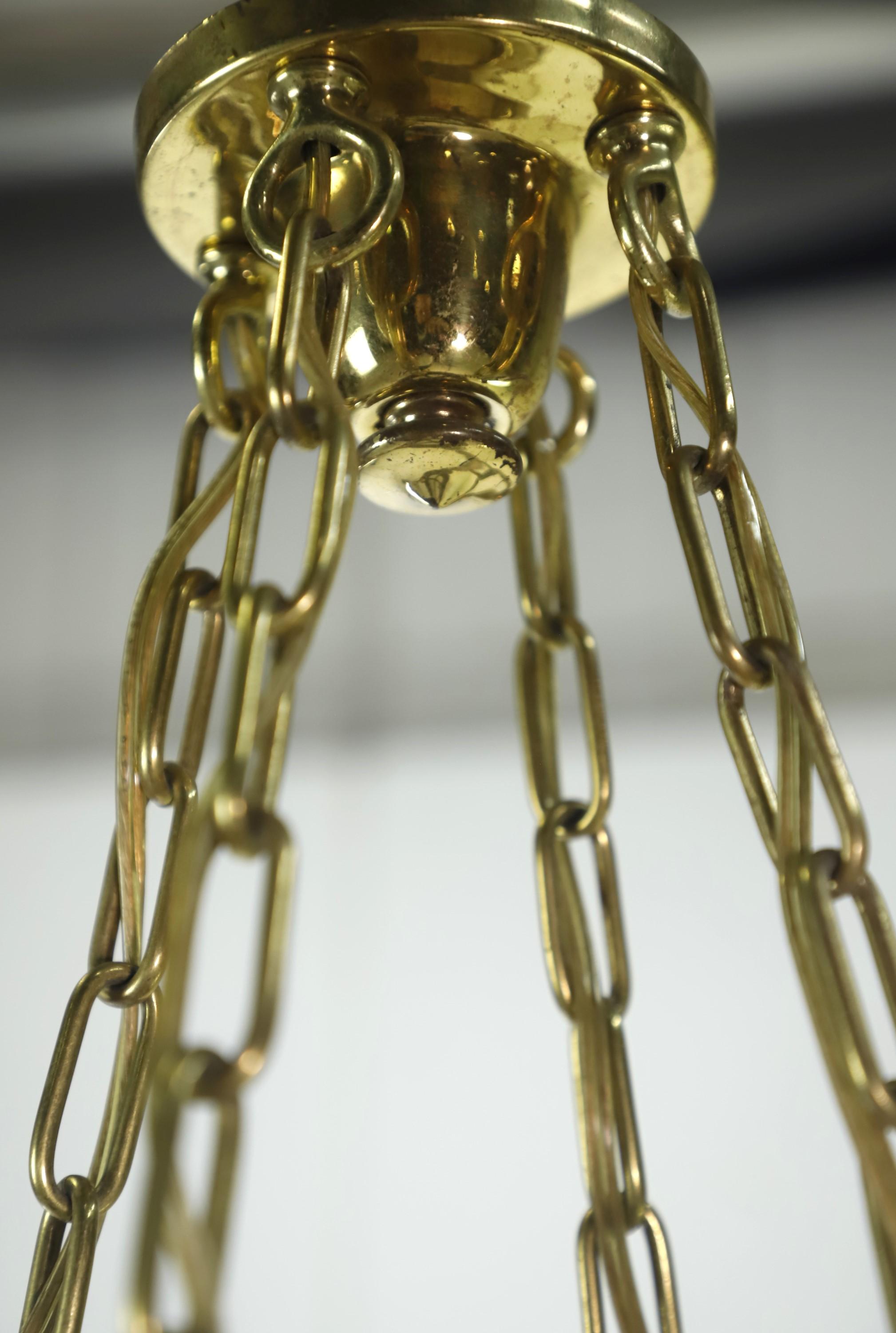 Brass Pendant Light Cast Milk Glass Dish Shade Chain + Canopy 8