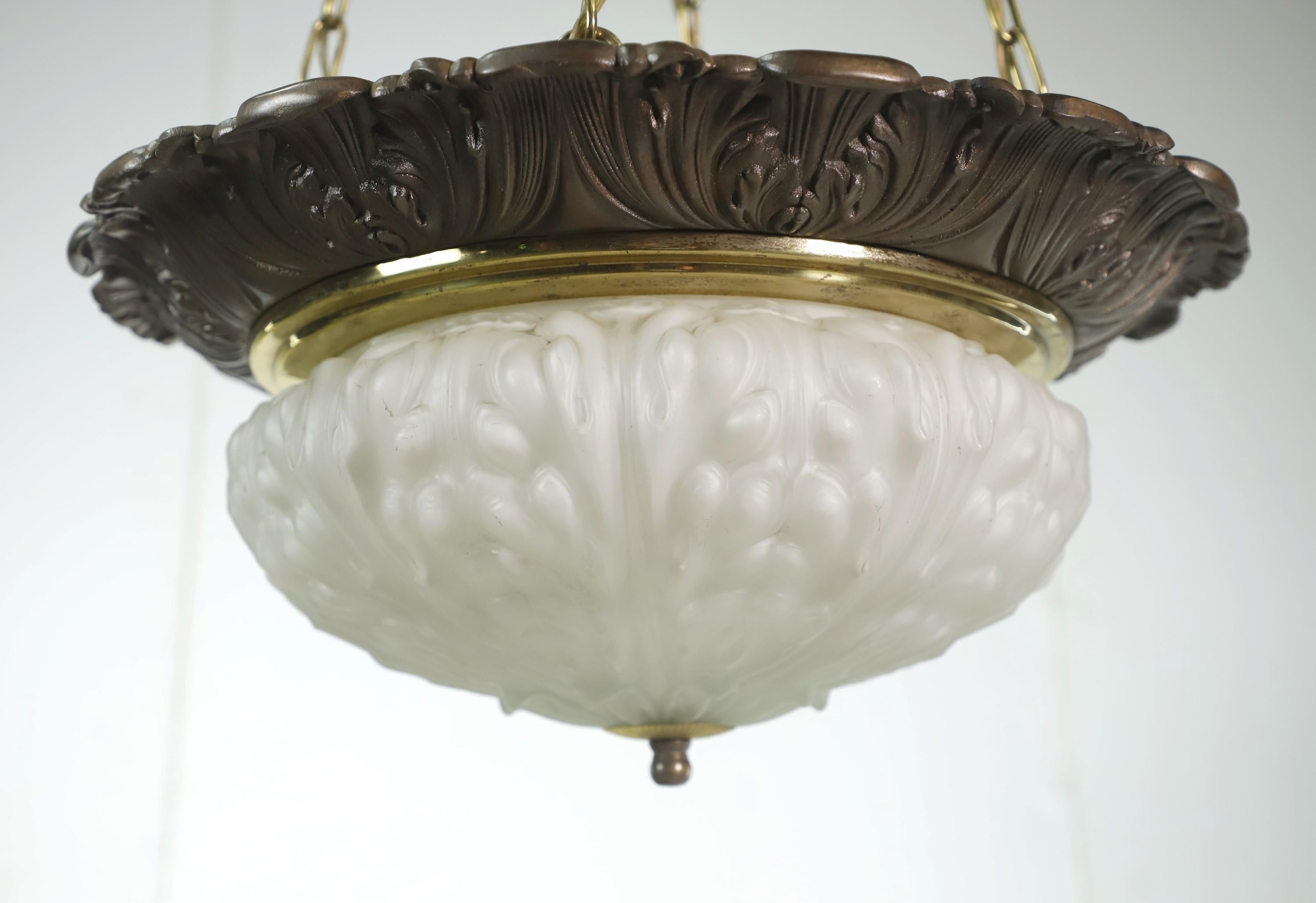 Molded Brass Pendant Light Cast Milk Glass Dish Shade Chain + Canopy
