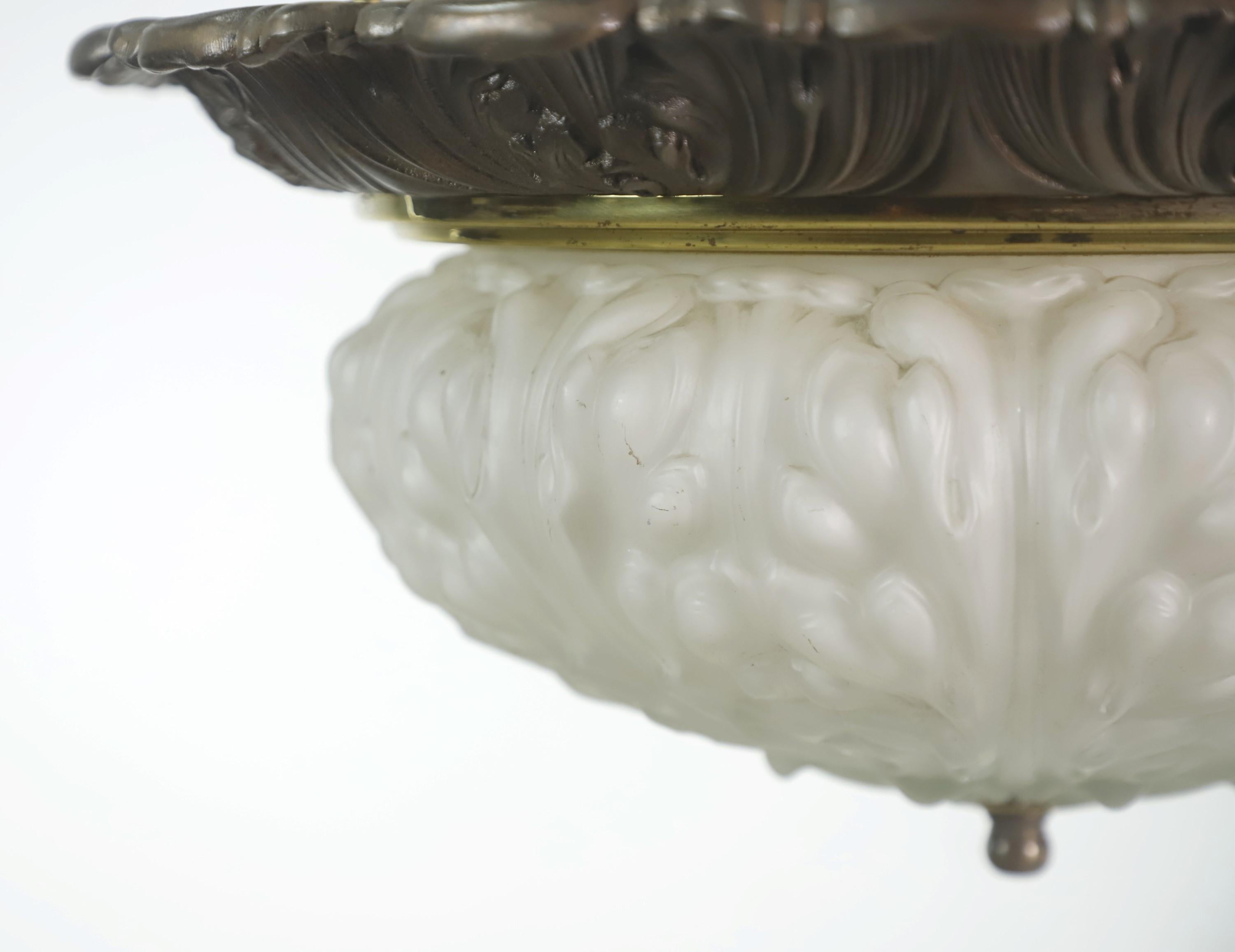 Brass Pendant Light Cast Milk Glass Dish Shade Chain + Canopy In Good Condition In New York, NY