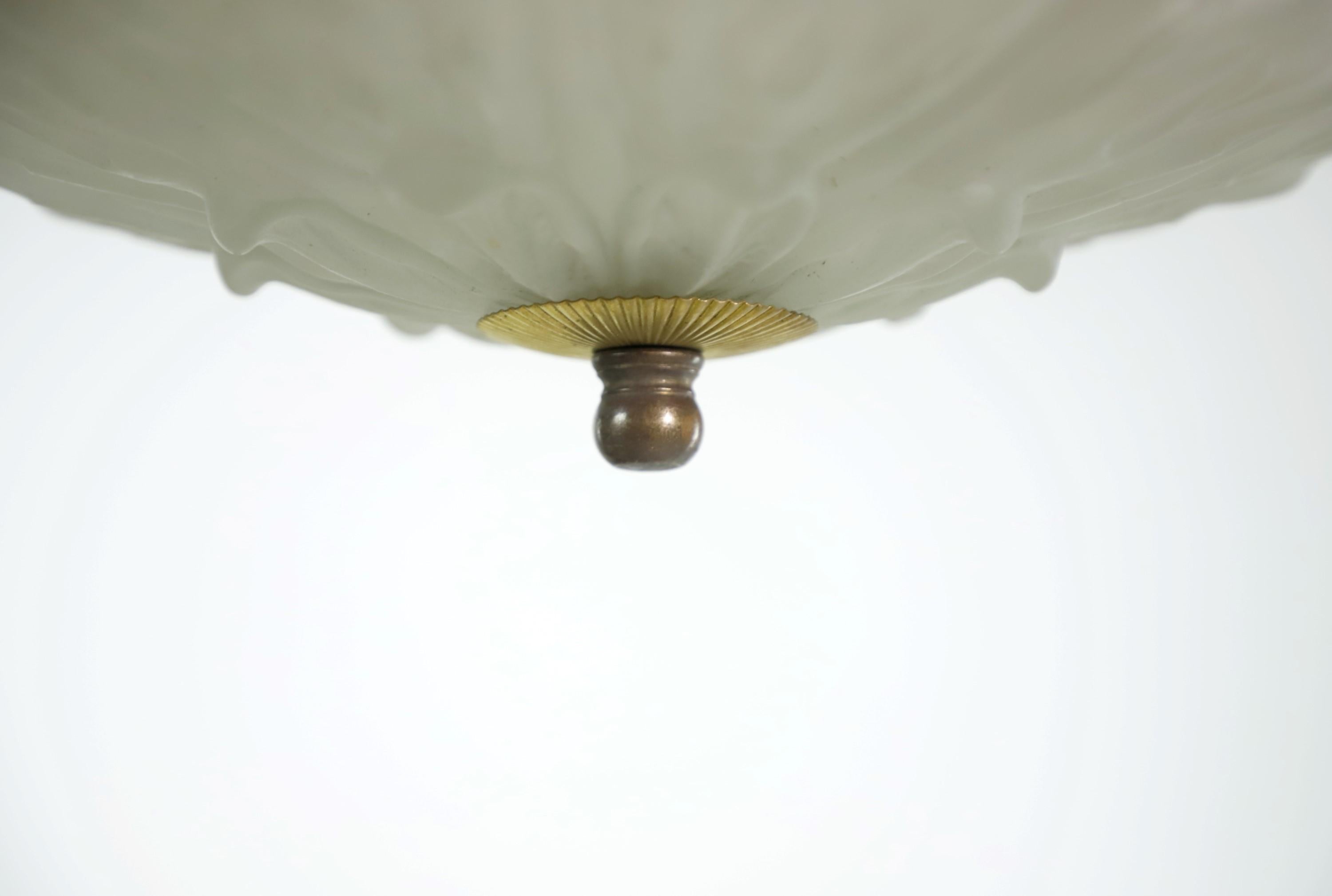 20th Century Brass Pendant Light Cast Milk Glass Dish Shade Chain + Canopy