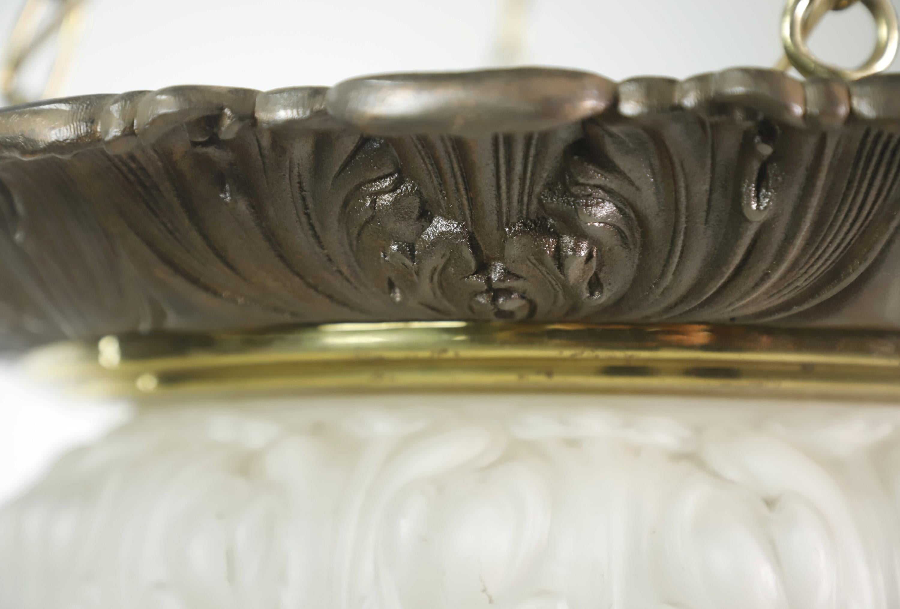 Brass Pendant Light Cast Milk Glass Dish Shade Chain + Canopy 1