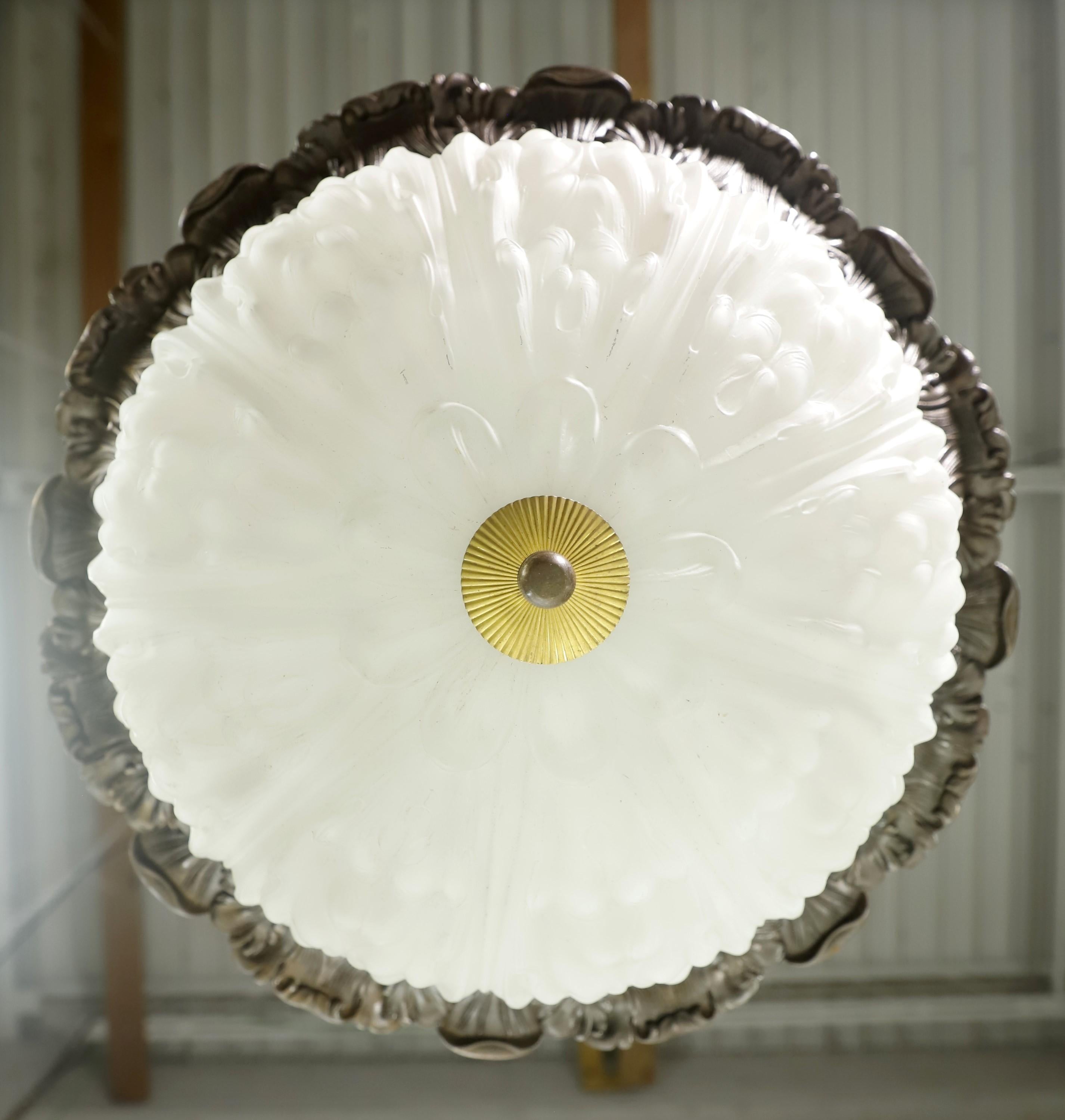 Brass Pendant Light Cast Milk Glass Dish Shade Chain + Canopy 3