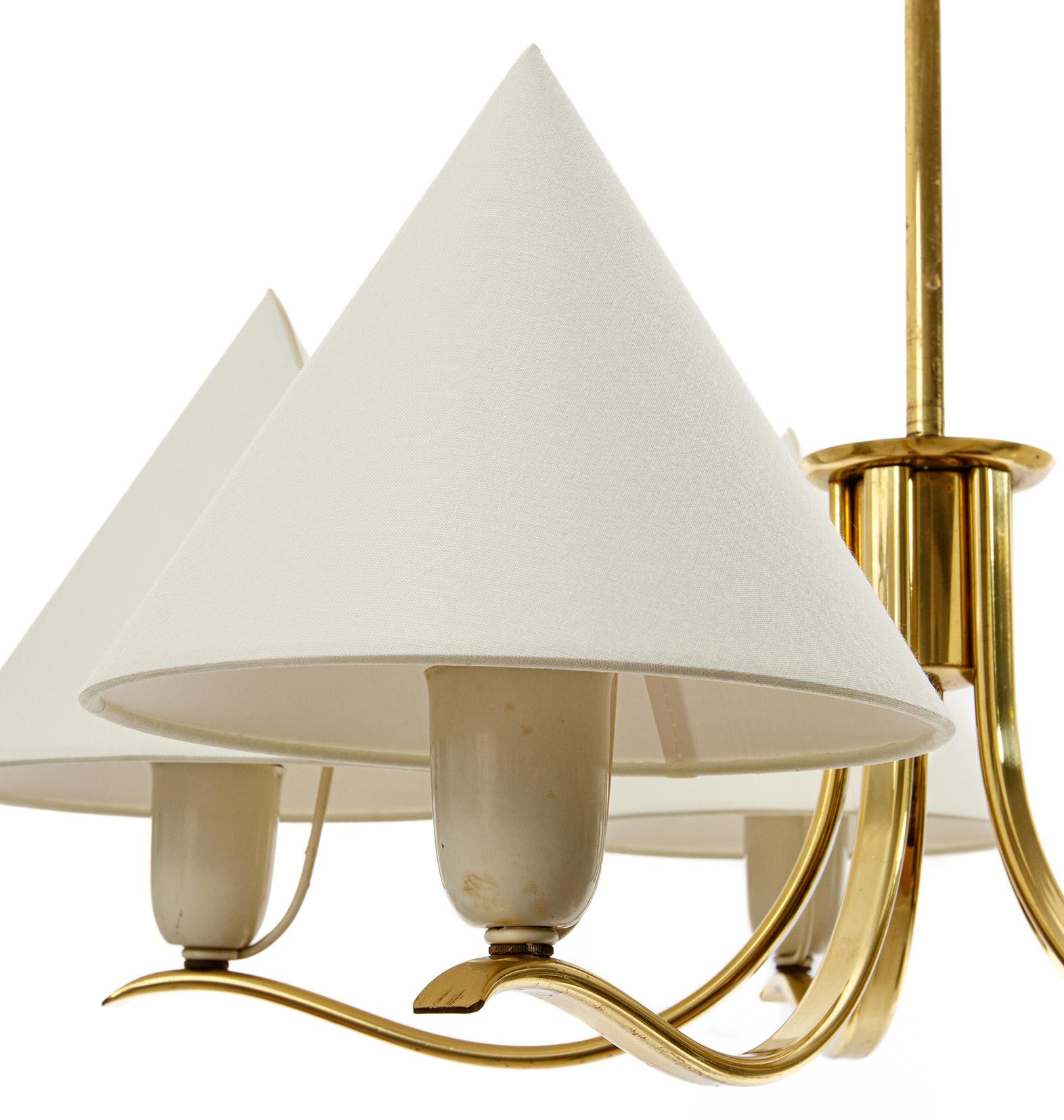 Brass Pendant Light Chandelier by Rupert Nikoll, Conical Cream Shades, 1960s For Sale 5