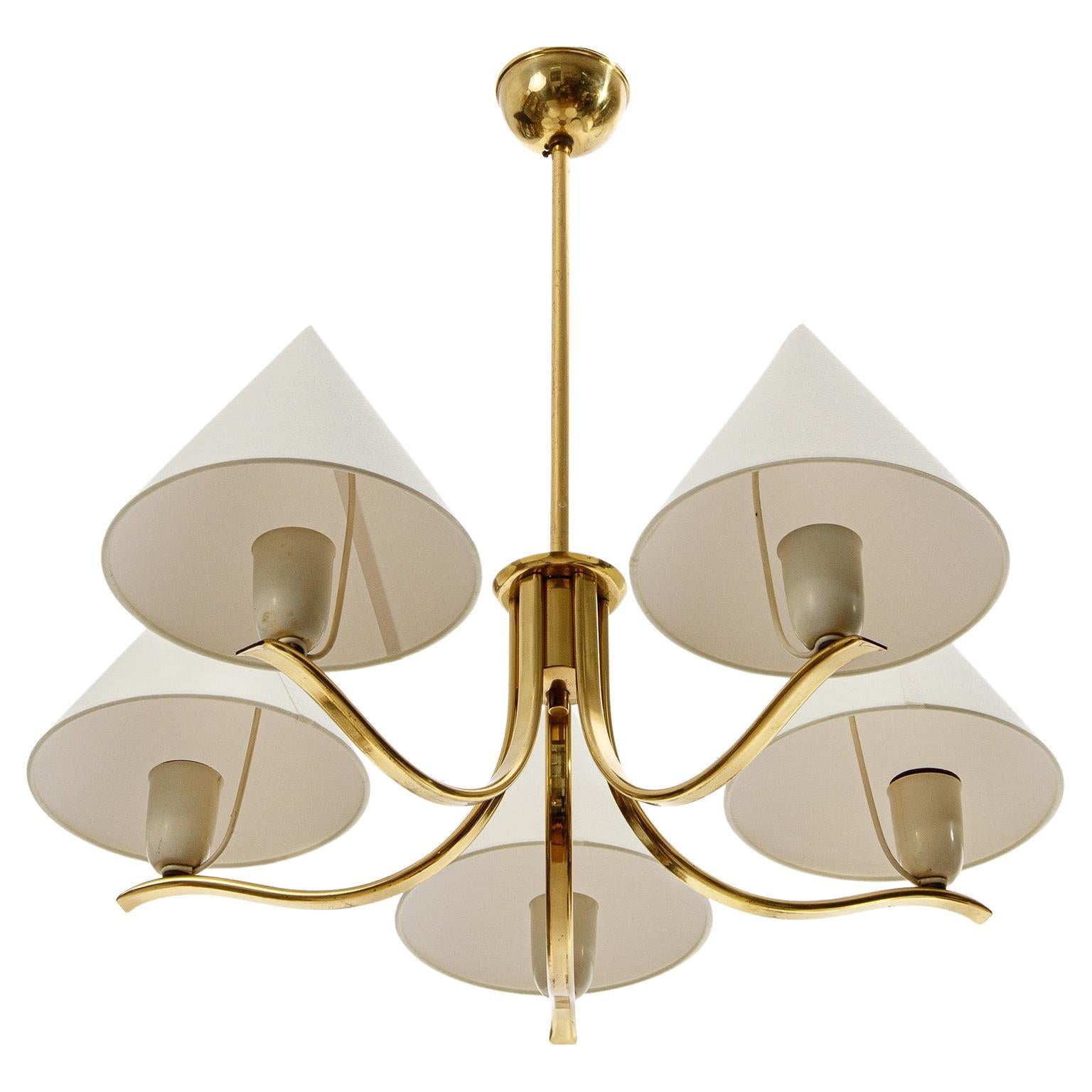 Austrian Brass Pendant Light Chandelier by Rupert Nikoll, Conical Cream Shades, 1960s For Sale