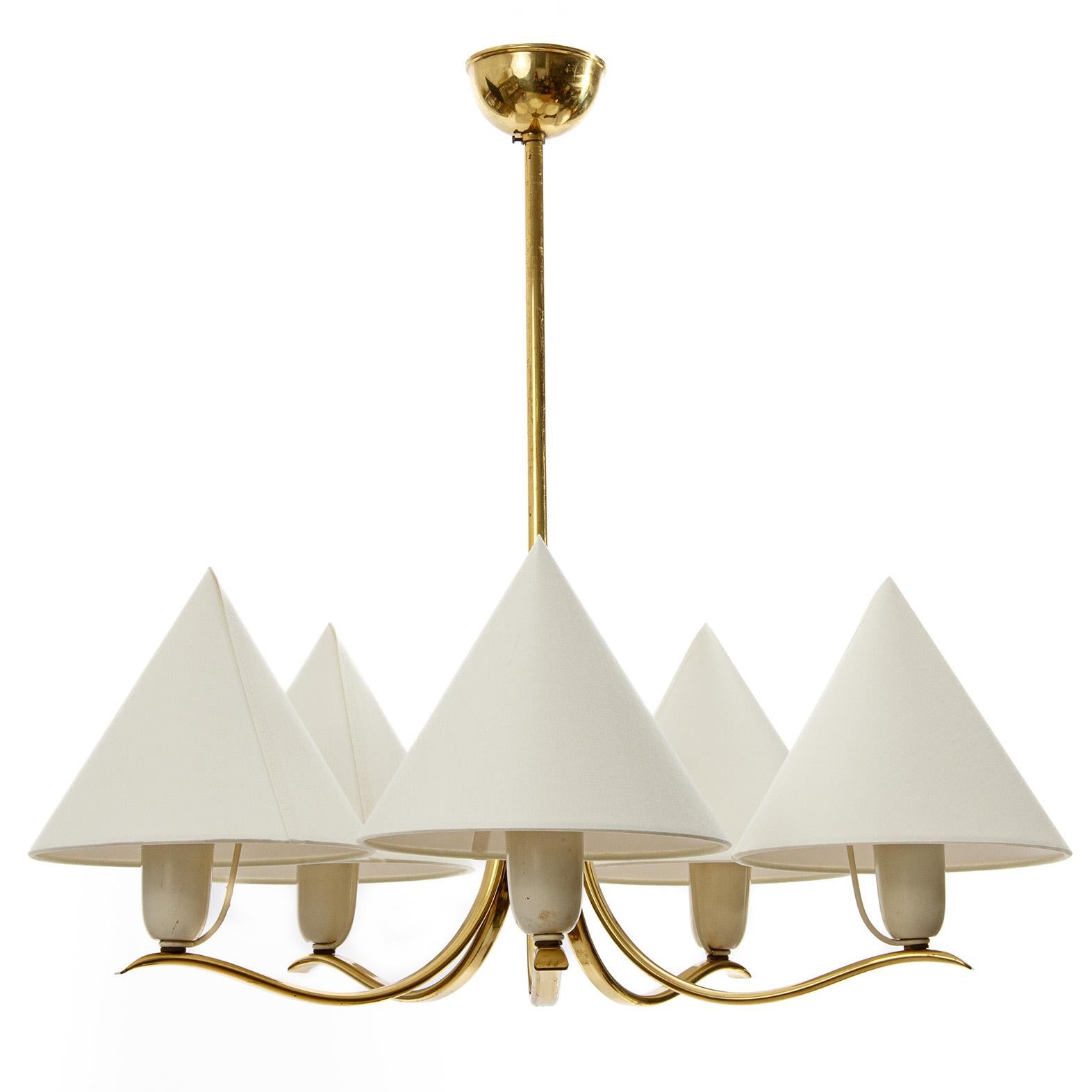 Mid-20th Century Brass Pendant Light Chandelier by Rupert Nikoll, Conical Cream Shades, 1960s For Sale