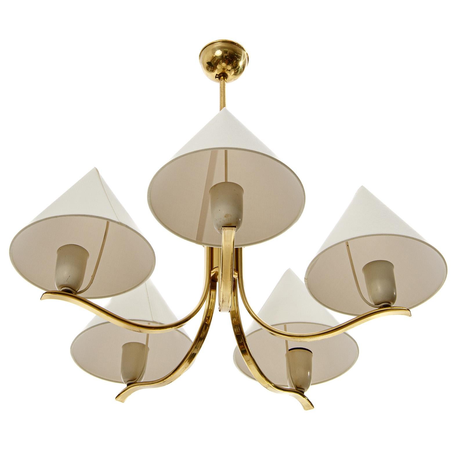 Brass Pendant Light Chandelier by Rupert Nikoll, Conical Cream Shades, 1960s For Sale 3