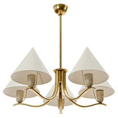 Brass Pendant Light Chandelier by Rupert Nikoll, Conical Cream Shades, 1960s