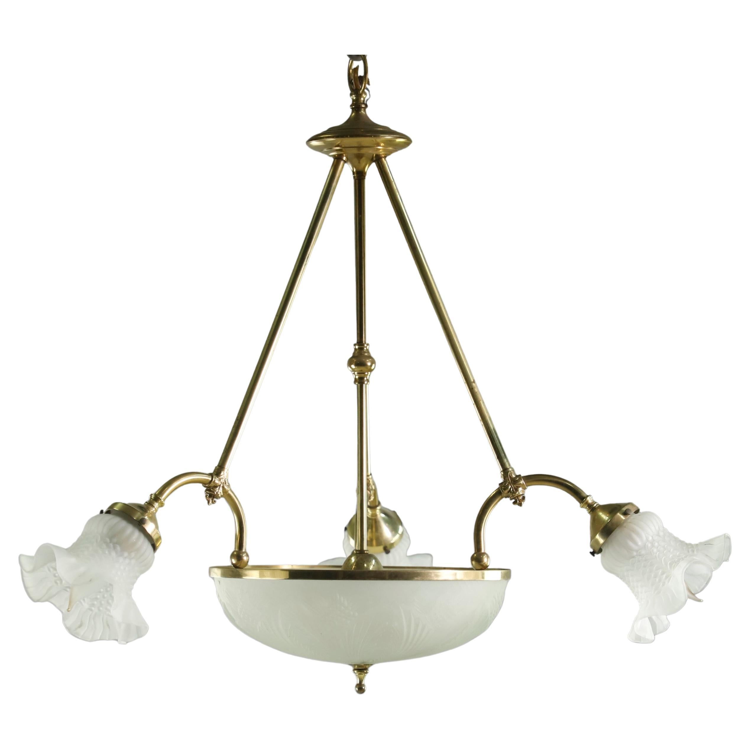 Brass Pendant Light W 3 Arms Molded Glass Shades Dish