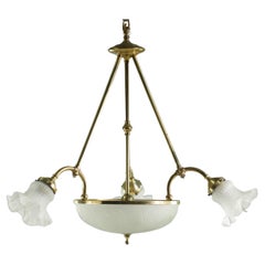 Vintage Brass Pendant Light W 3 Arms Molded Glass Shades Dish