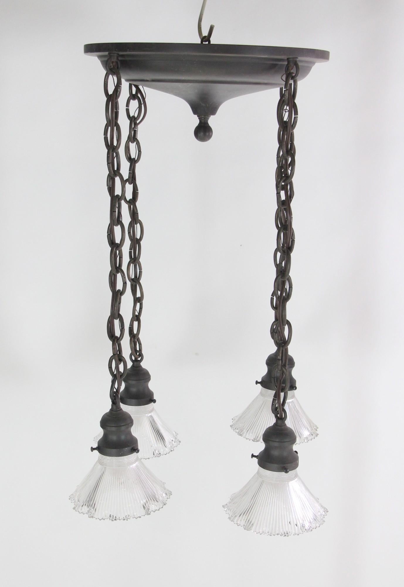 Schoolhouse Brass Pendant Light w/ 4 Hanging Down Lights & Antique Holophane Glass Shades
