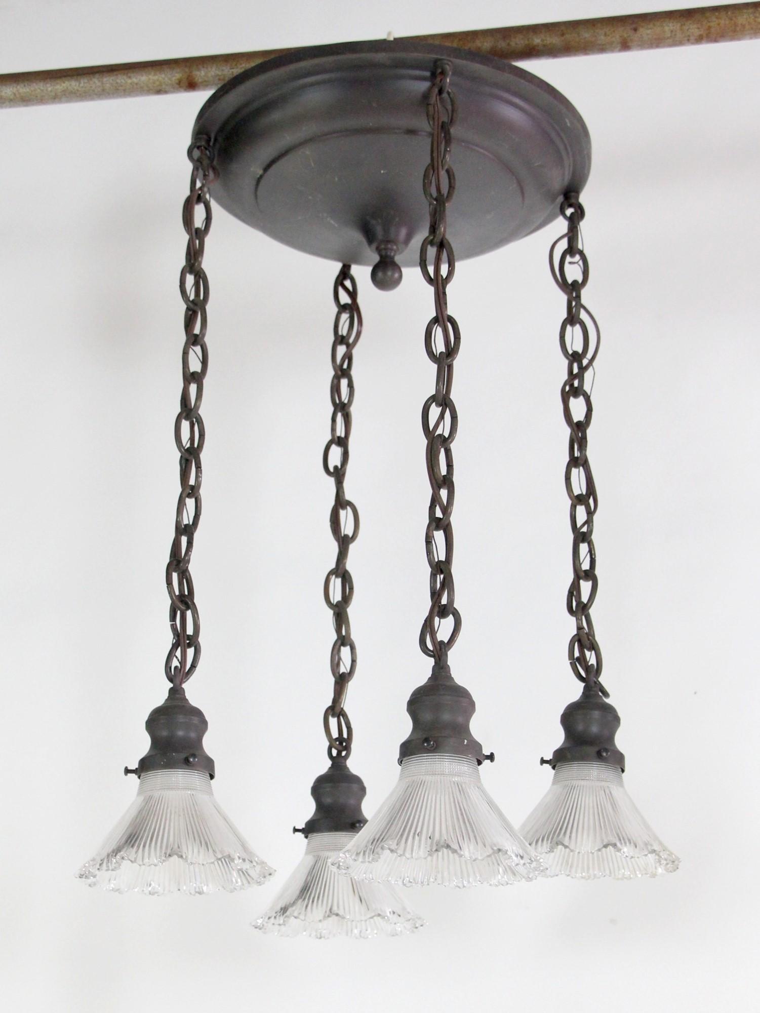 American Brass Pendant Light w/ 4 Hanging Down Lights & Antique Holophane Glass Shades