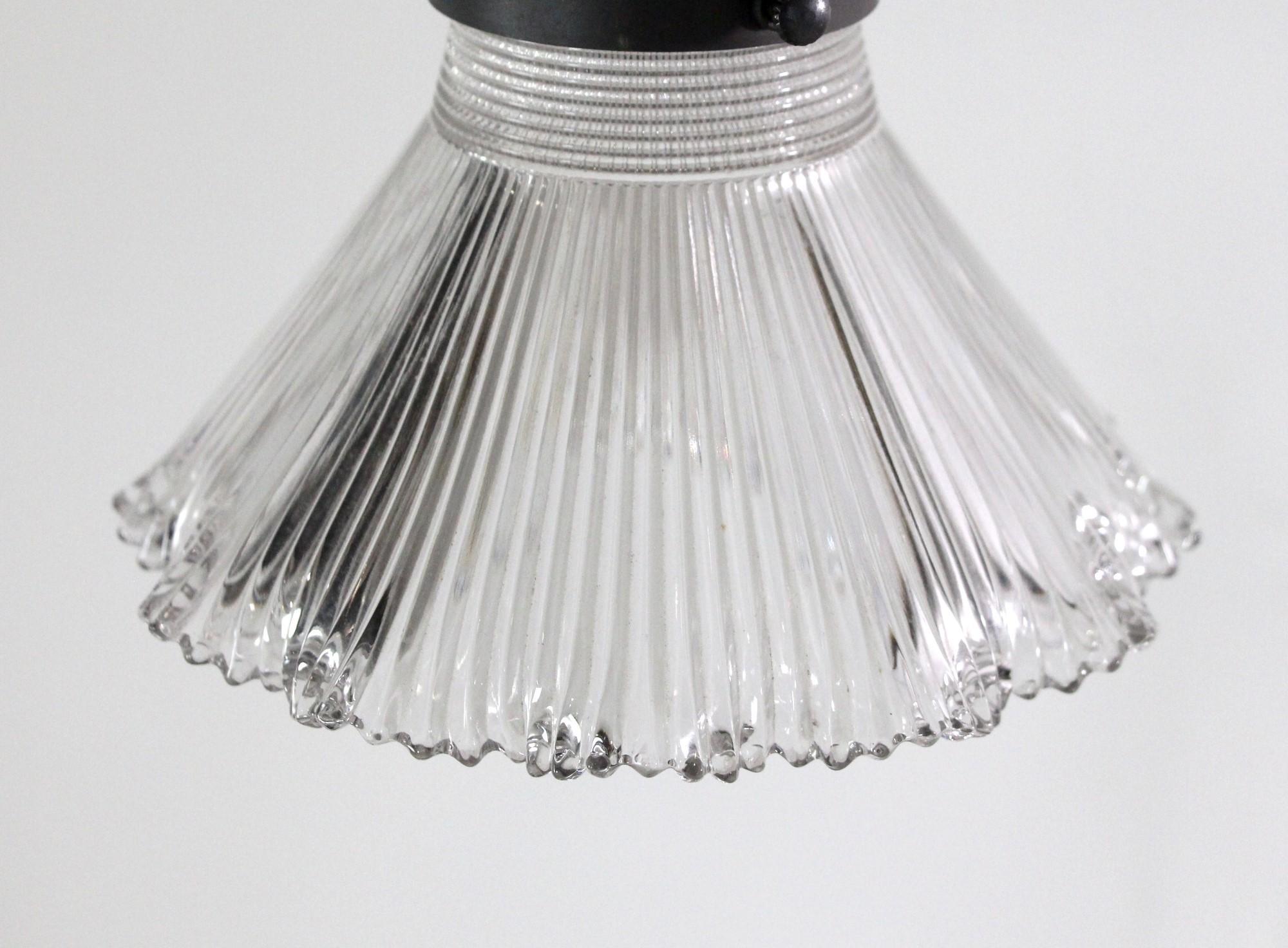 20th Century Brass Pendant Light w/ 4 Hanging Down Lights & Antique Holophane Glass Shades