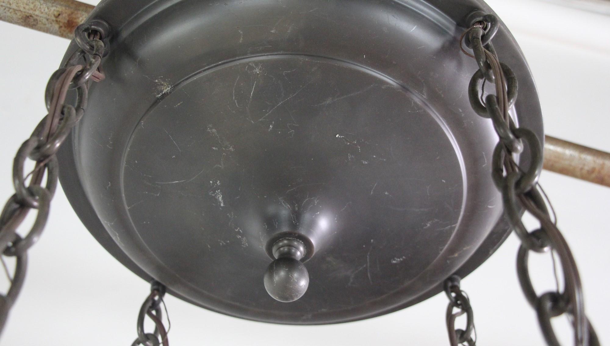 Brass Pendant Light w/ 4 Hanging Down Lights & Antique Holophane Glass Shades 2