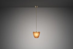 Brass Pendant Light with Etched Glass Shade & Leaf Motifs, Europe Mid-20th C.
