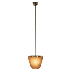 Brass Pendant Light with Etched Glass Shade & Leaf Motifs, Europe Mid-20th C.