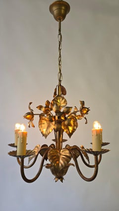 Brass Pendant Light with Flower and Leaf Motif