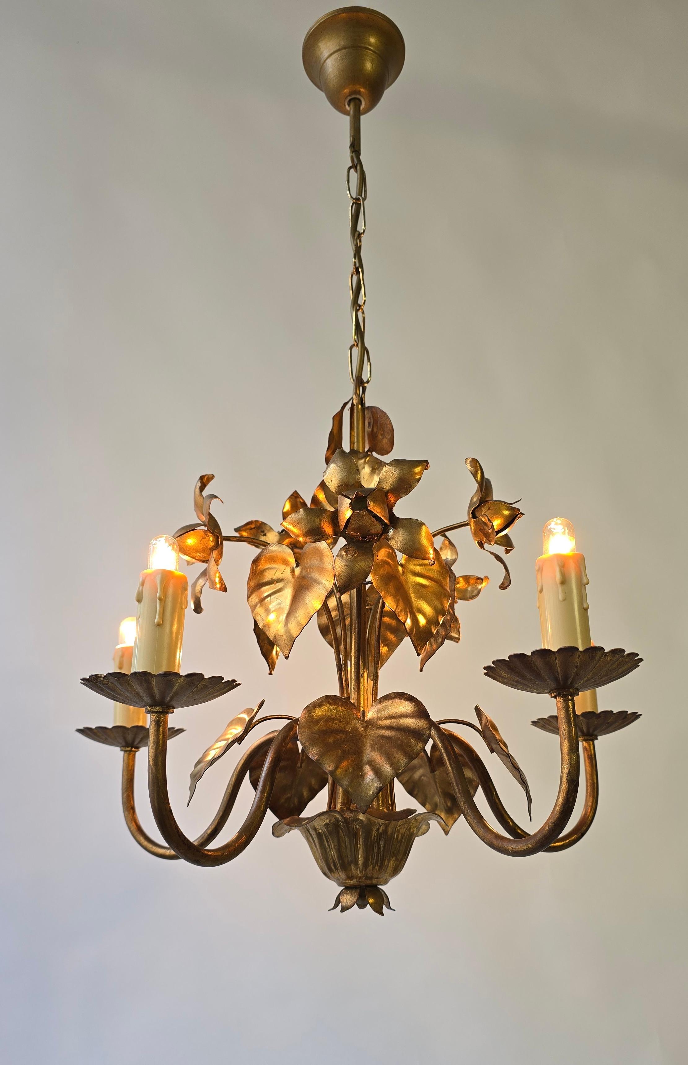 Mid-Century Modern Brass Pendant Light with Flower and Leaf Motif For Sale