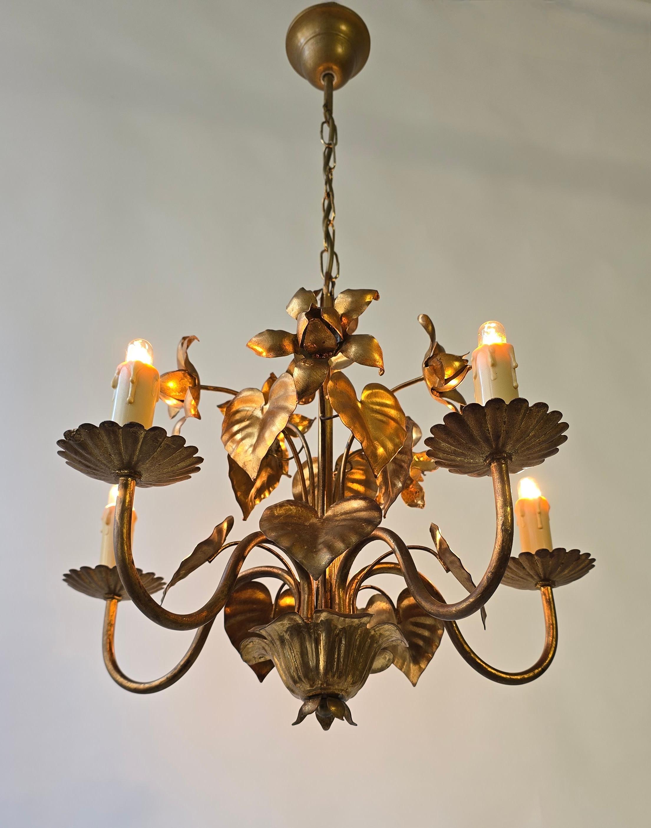 Italian Brass Pendant Light with Flower and Leaf Motif For Sale