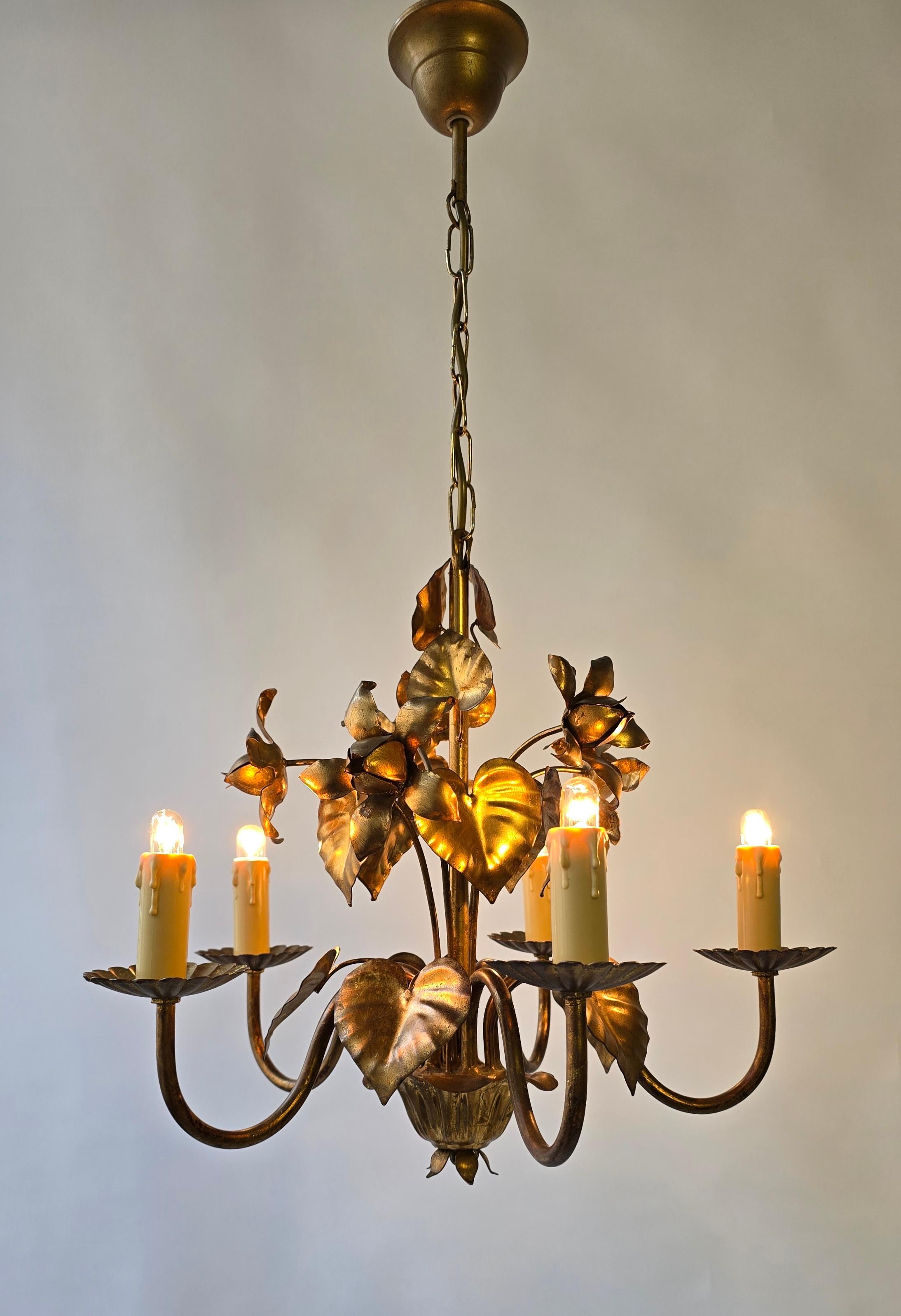20th Century Brass Pendant Light with Flower and Leaf Motif For Sale