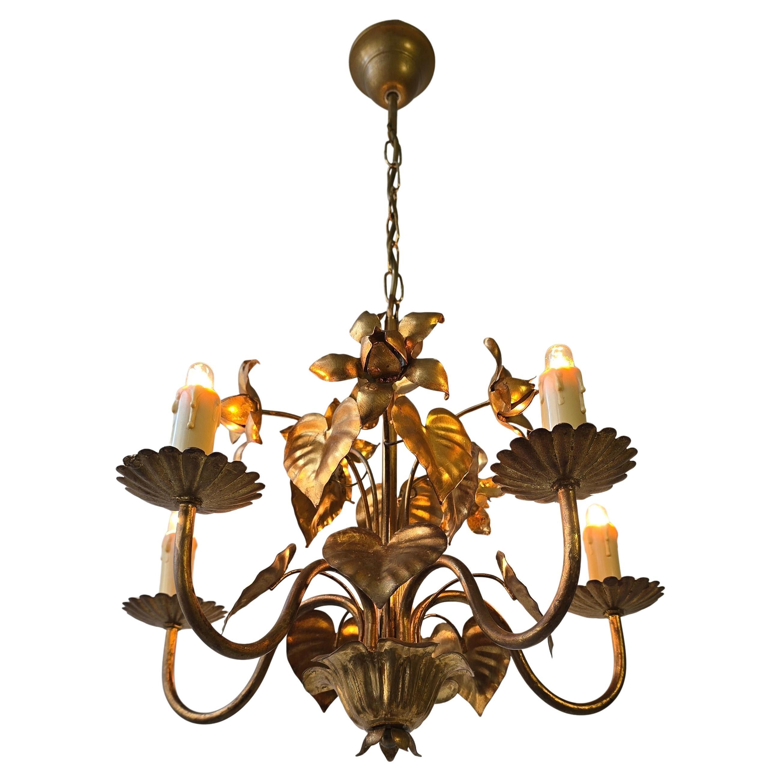 Brass Pendant Light with Flower and Leaf Motif For Sale