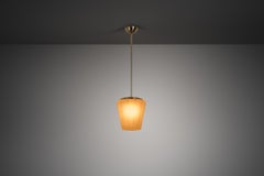 Brass Pendant Light with Frosted Striped Glass Shade, Finland Mid-20th Century