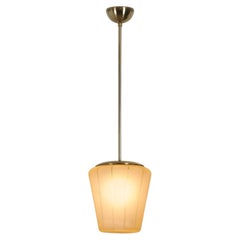 Brass Pendant Light with Frosted Striped Glass Shade, Finland Mid-20th Century