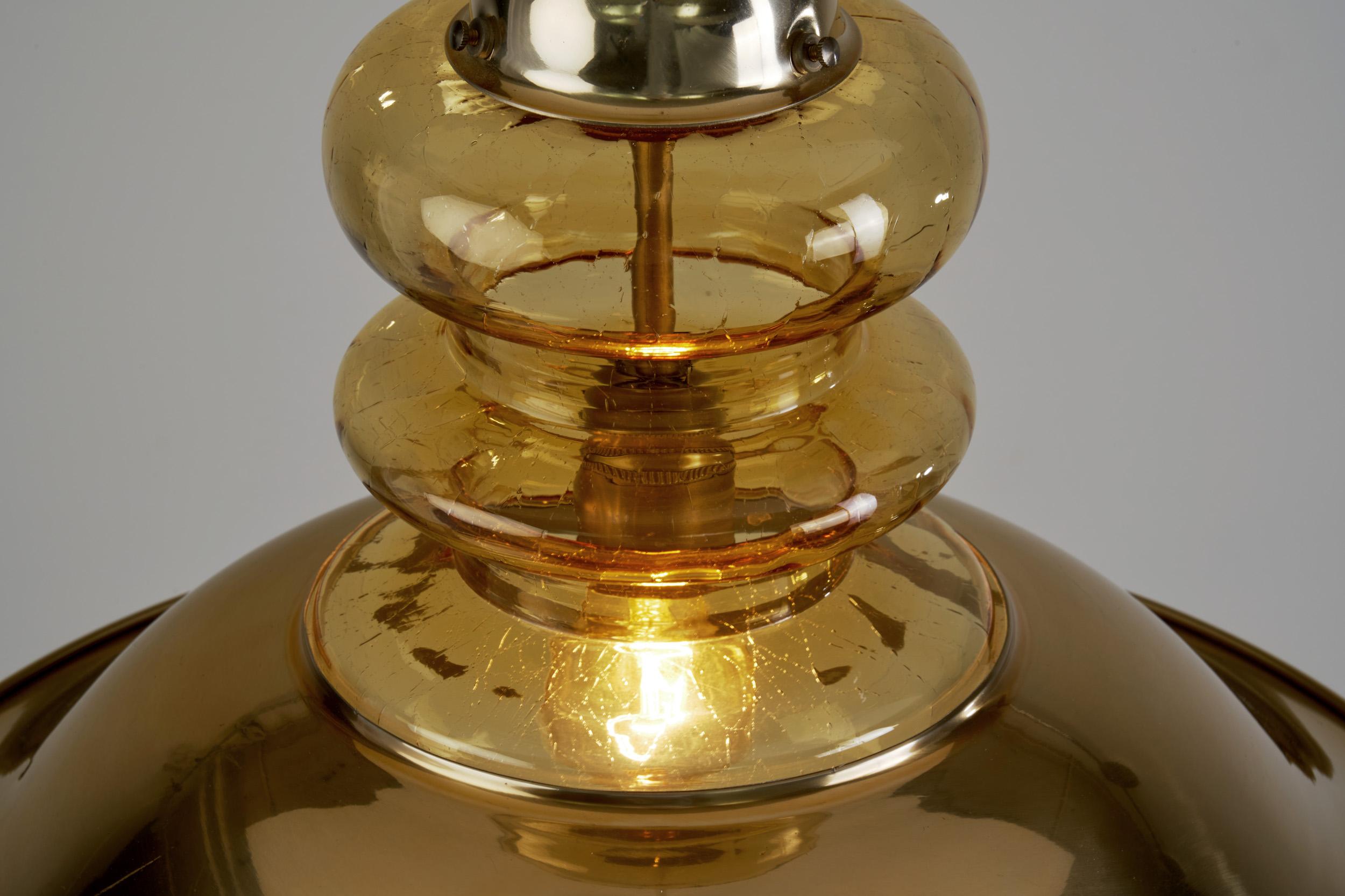 Brass Pendant Light with Patterned Amber Glass, Europe, circa 1960s For Sale 4