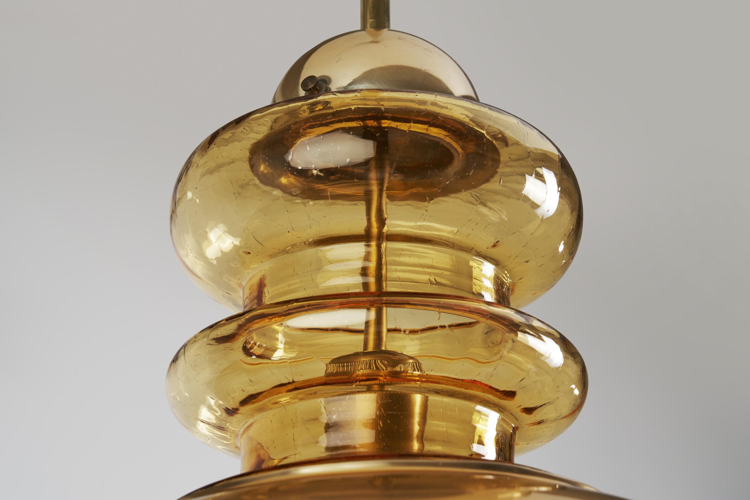 Brass Pendant Light with Patterned Amber Glass, Europe, circa 1960s For Sale 5