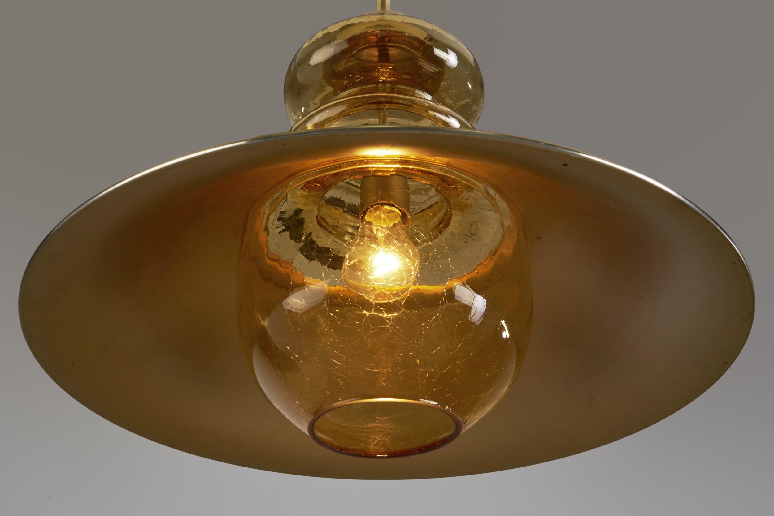 Brass Pendant Light with Patterned Amber Glass, Europe, circa 1960s For Sale 6