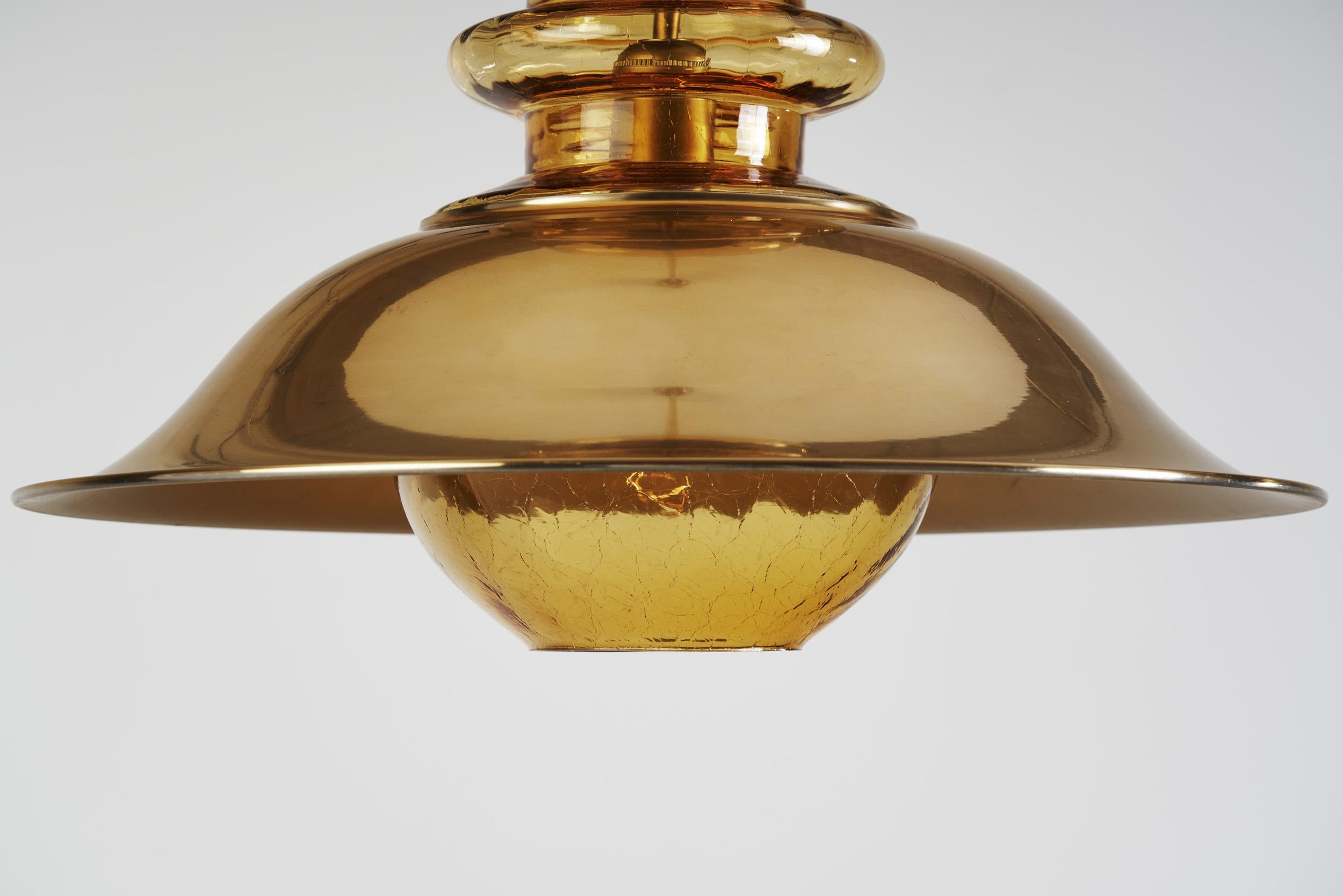 Brass Pendant Light with Patterned Amber Glass, Europe, circa 1960s For Sale 8