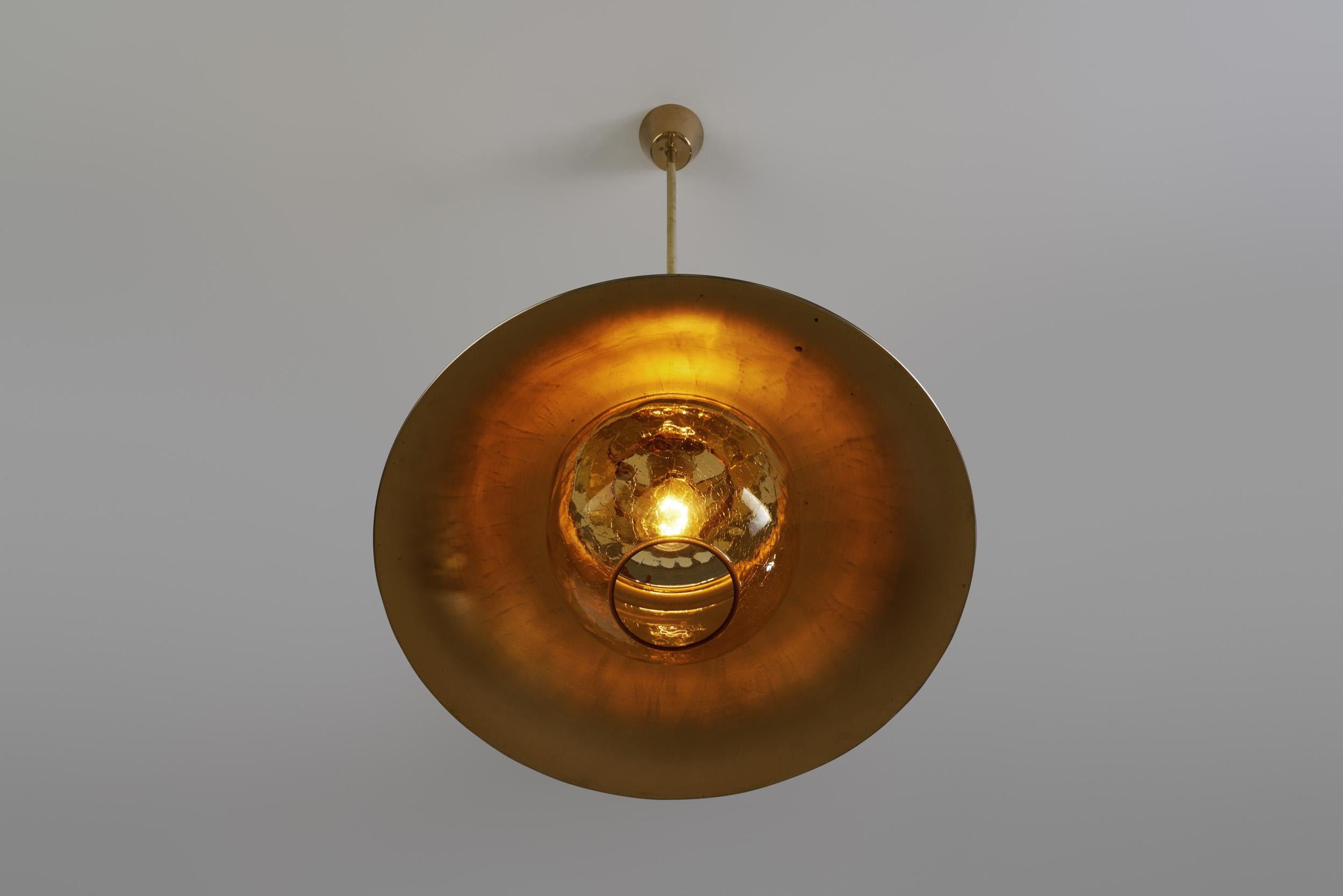 Brass Pendant Light with Patterned Amber Glass, Europe, circa 1960s For Sale 11