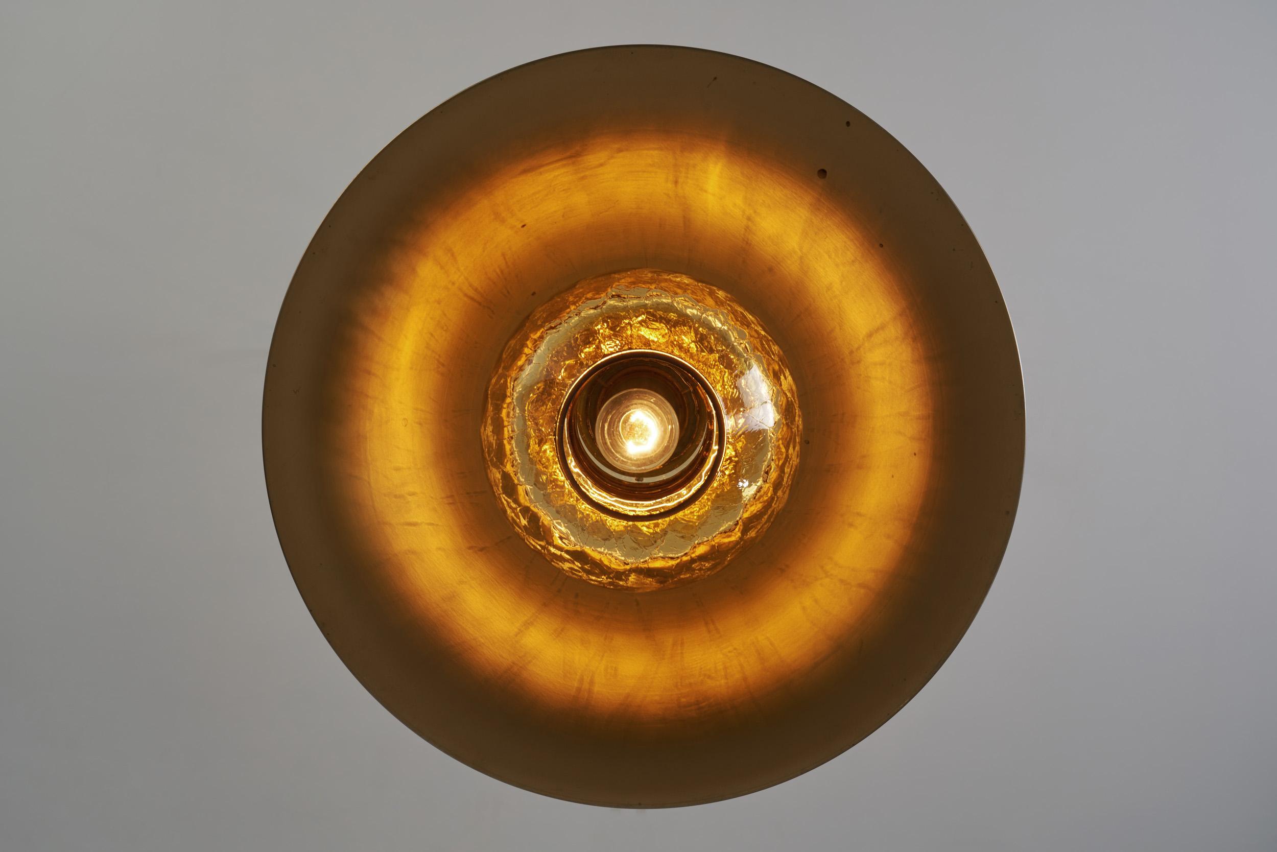 Brass Pendant Light with Patterned Amber Glass, Europe, circa 1960s For Sale 12