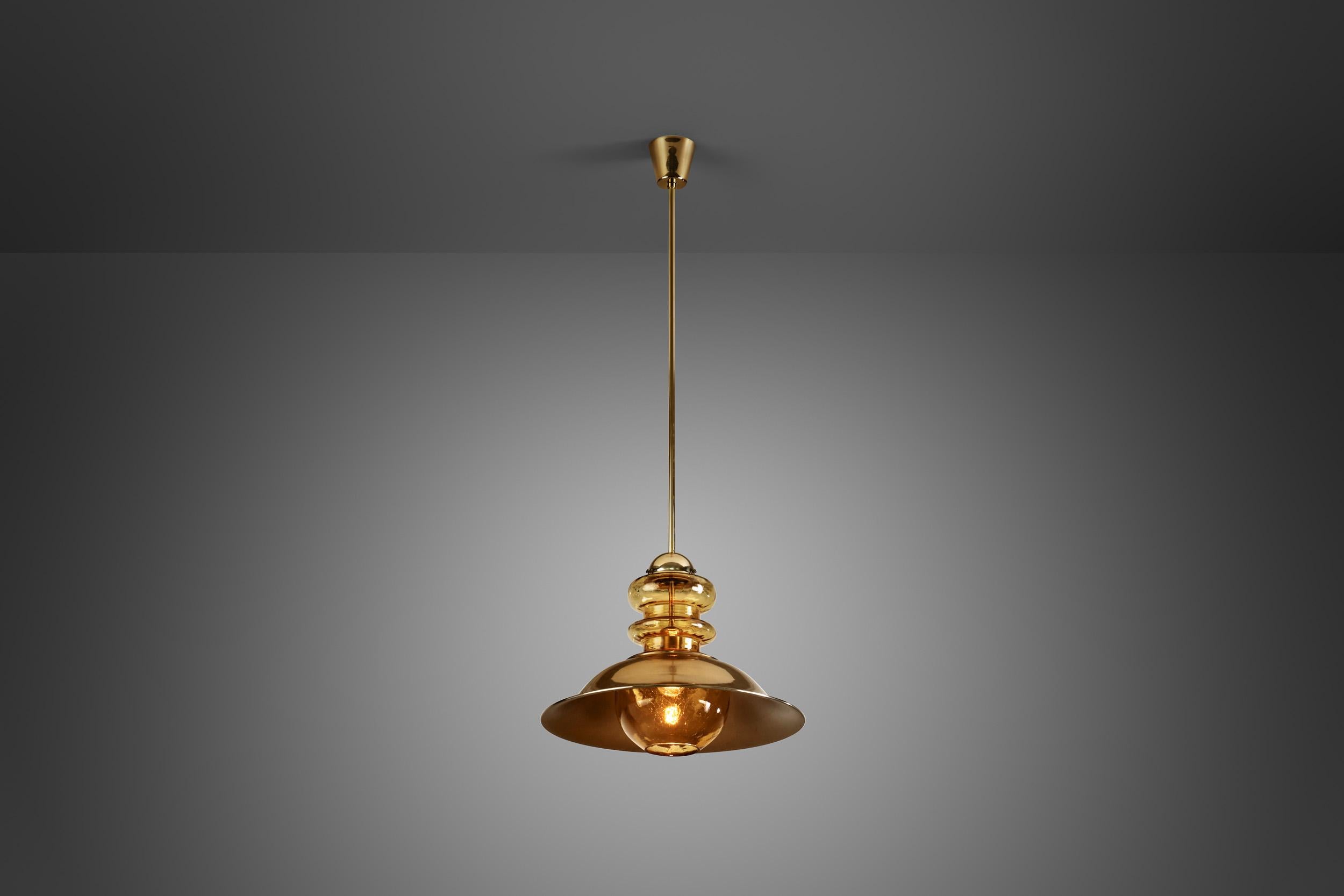 European Brass Pendant Light with Patterned Amber Glass, Europe, circa 1960s For Sale