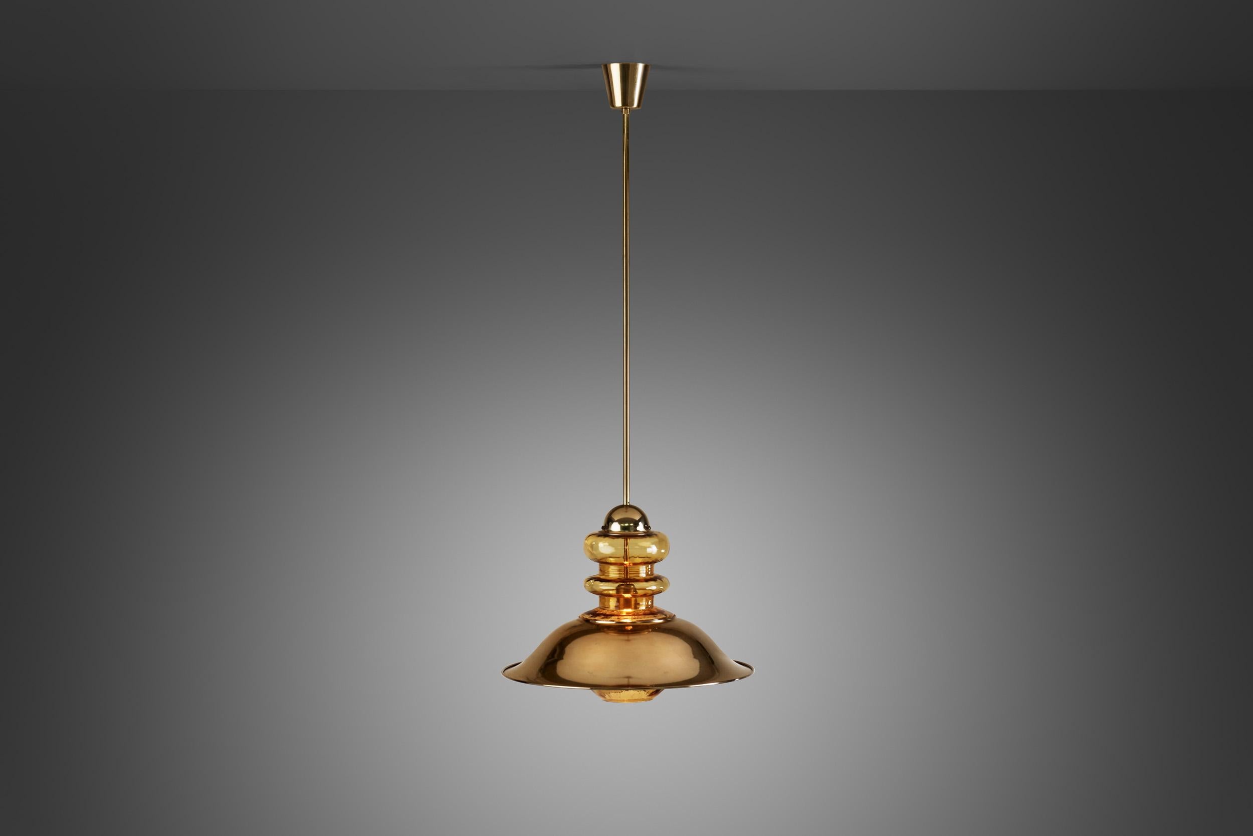 Mid-20th Century Brass Pendant Light with Patterned Amber Glass, Europe, circa 1960s For Sale