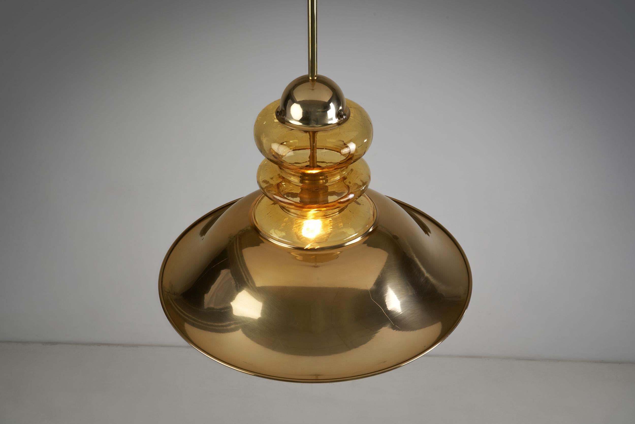 Brass Pendant Light with Patterned Amber Glass, Europe, circa 1960s For Sale 2