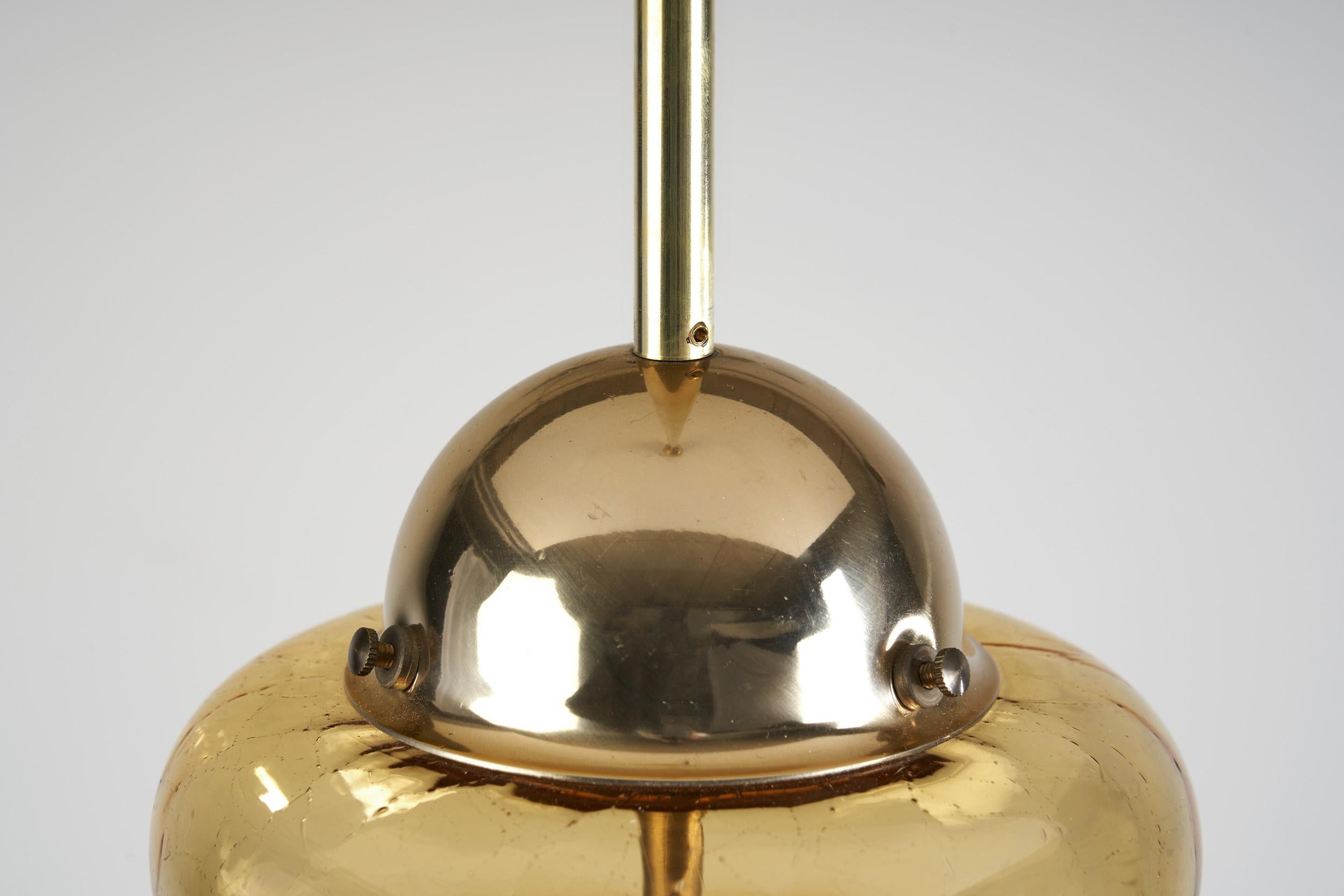 Brass Pendant Light with Patterned Amber Glass, Europe, circa 1960s For Sale 3