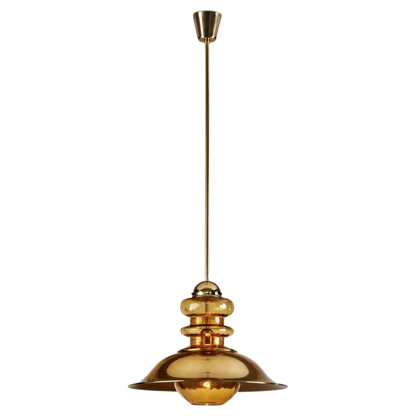 Brass Pendant Light with Patterned Amber Glass, Europe, circa 1960s For Sale