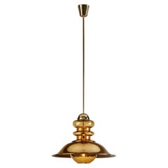 Brass Pendant Light with Patterned Amber Glass, Europe, circa 1960s